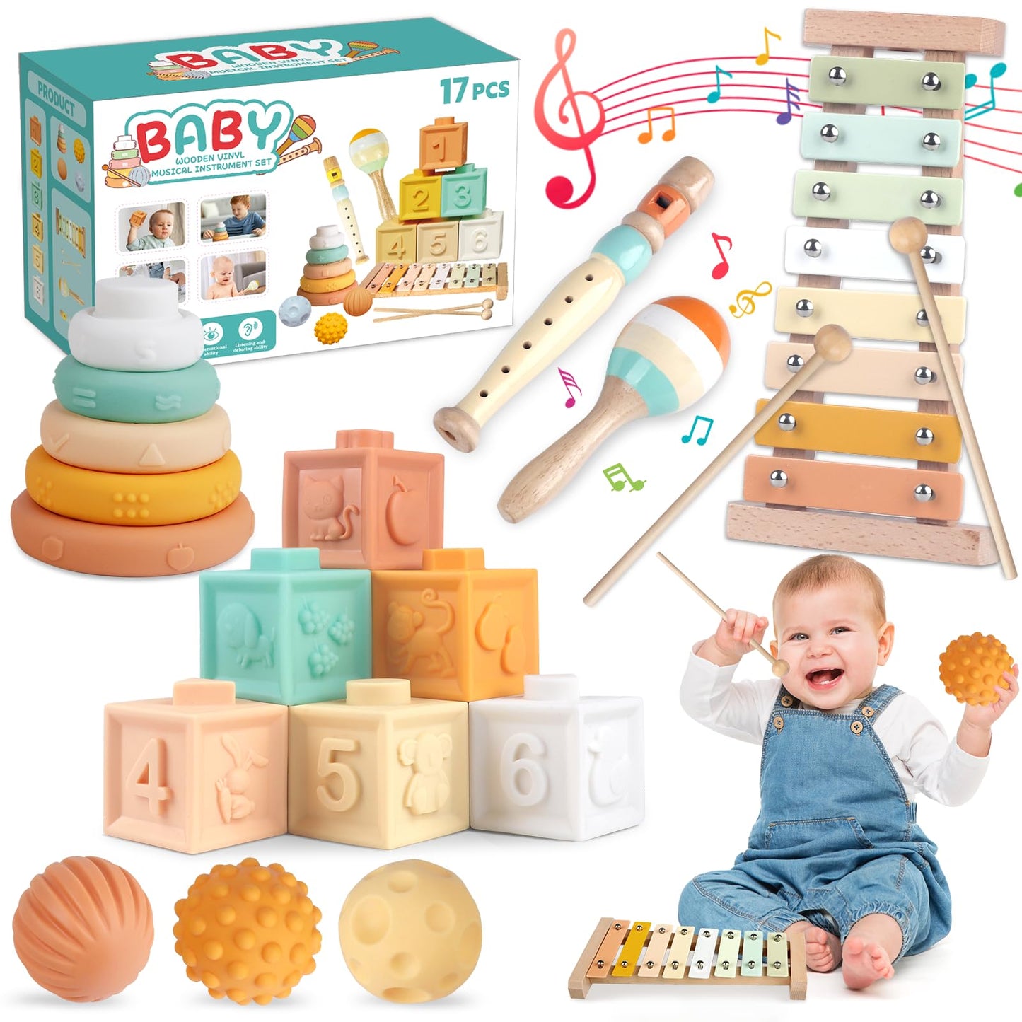 Montessori Toys 6 in 1 Musical Instruments for Toddler Stacking Blocks Development Learning Educational Toy with Wooden Xylophone Baby Birthday Gift