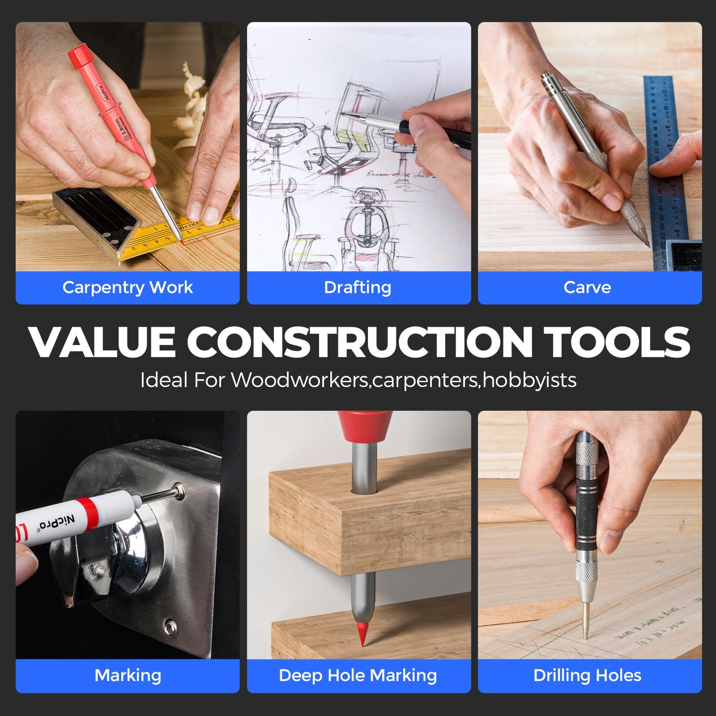 Nicpro 44 Pack CP3000 Carpenter Pencils with Sharpener, Mechanical Carpenter Pencil set with 169PCS Refills, Long Nib Marker Pens, Carbide Scribe Tool & Construction Pencils for Architect Woodworking