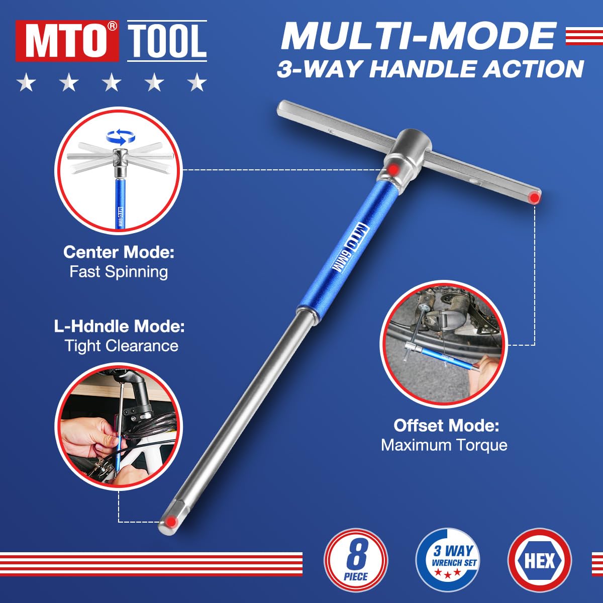 MTO Metric T-Handle Spinner Allen Key Wrench Set, 8-Piece 2-10mm, 3-Way Sliding Handle & Spinning Sleeve, CR-V Steel Hex Wrench with Storage Rack for Motorcycle, Car, DIY