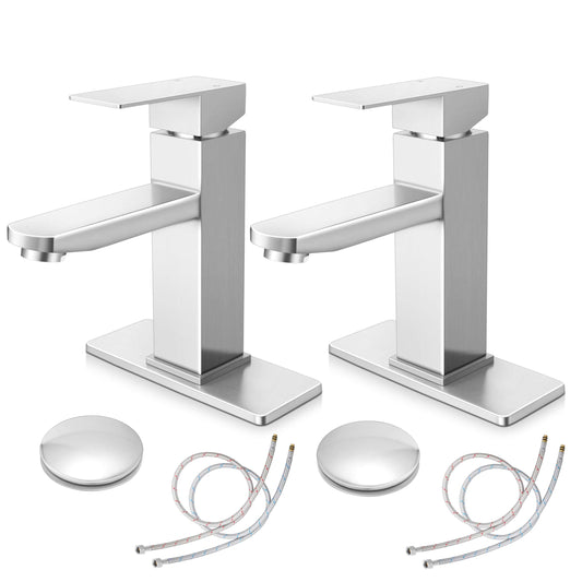 2 Pack Brushed Nickel Bathroom Faucet, Herogo Stainless Steel Bathroom Sink Faucets with Brass Pop-up Sink Drain Stopper & Deck Plate 1 or 3 Hole, Single Handle RV Lavatory Faucet with 2 Water Hoses
