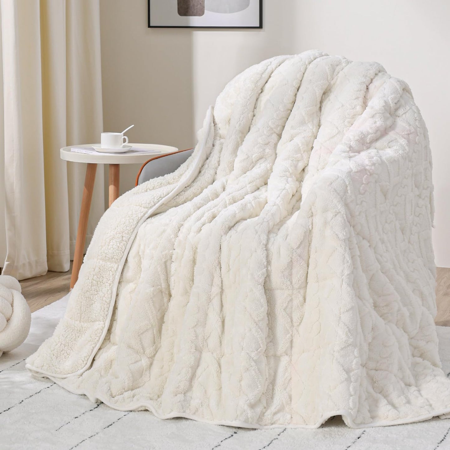 Drewin Weighted Blanket 15lbs Queen Size, Soft and Thick Jacquard Sherpa Throw Blanket for Calm and Relax, Dual Sided Ultra Cozy Fluffy Heavy Blankets with Ceramic Beads, 60 x 80 inches, Cream White