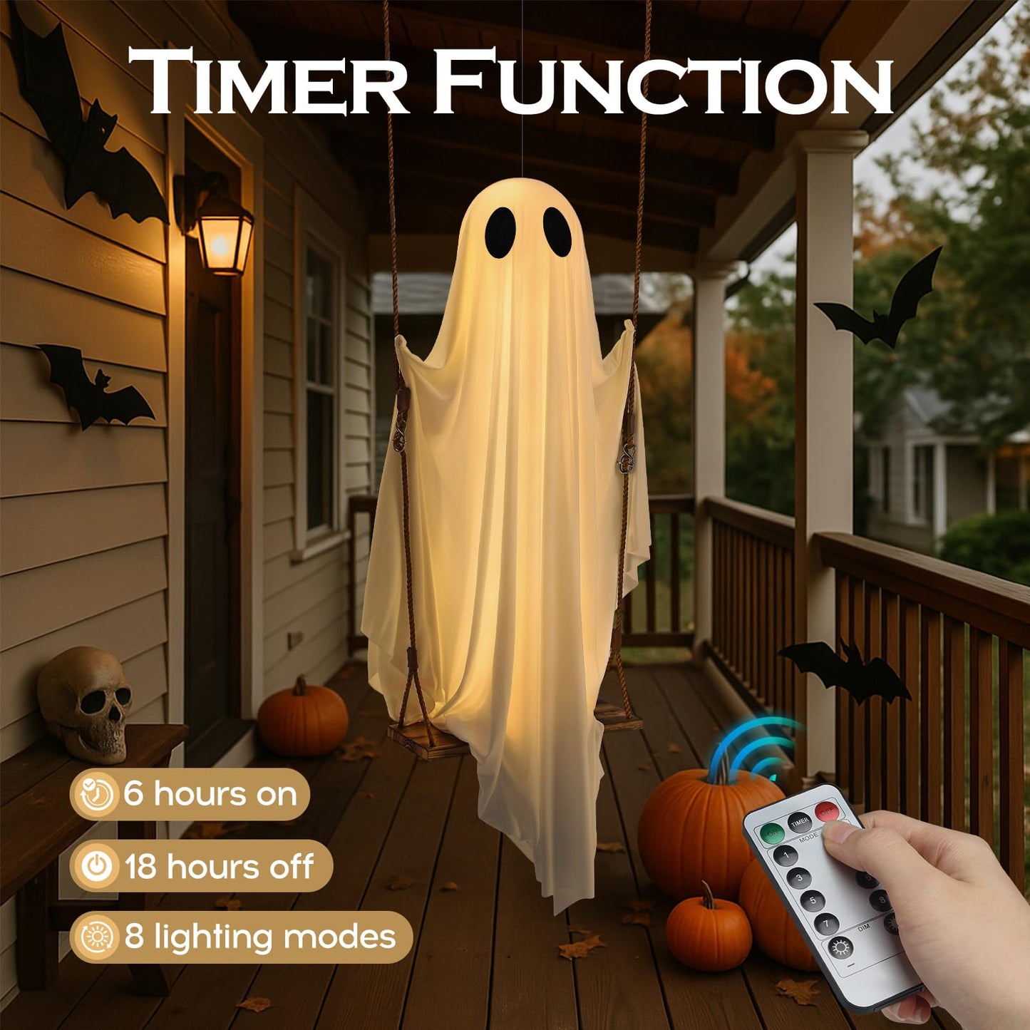 HKBAYI Halloween Decorations Outdoor - 5FT Large Hanging Ghost Swing with Remote Control String Lights & Upgraded Sheet, Scary Ghost Halloween Party Decor Outside for Tree Porch Yard Garden Lawn