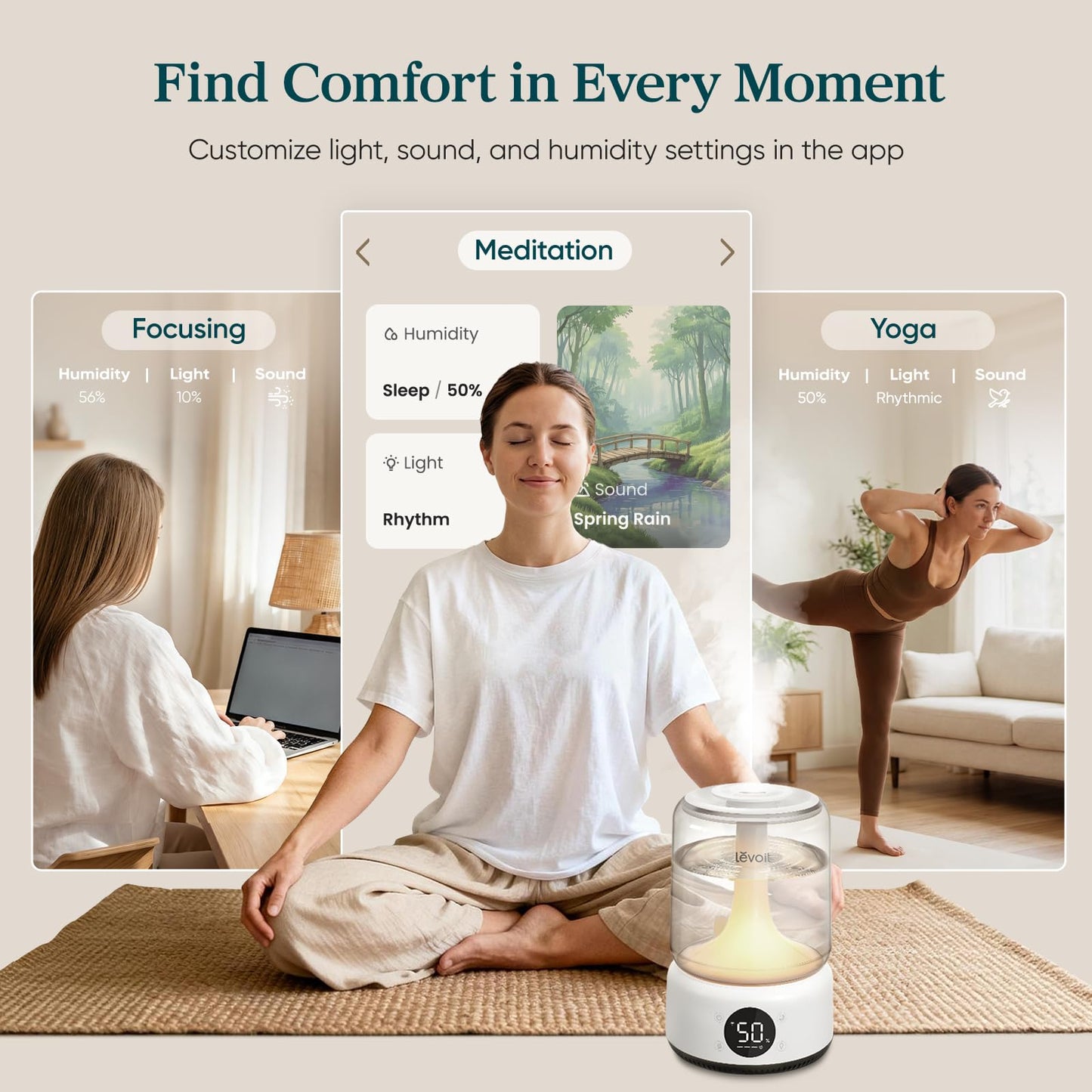 LEVOIT Smart Humidifiers for Bedroom, 4.2L Top Fill for Large Room with 42H Runtime, Dishwasher Safe Easy to Clean, 21dB Cool Mist for Baby, Plants, APP/Voice Control, Scene Mode With Light & Music