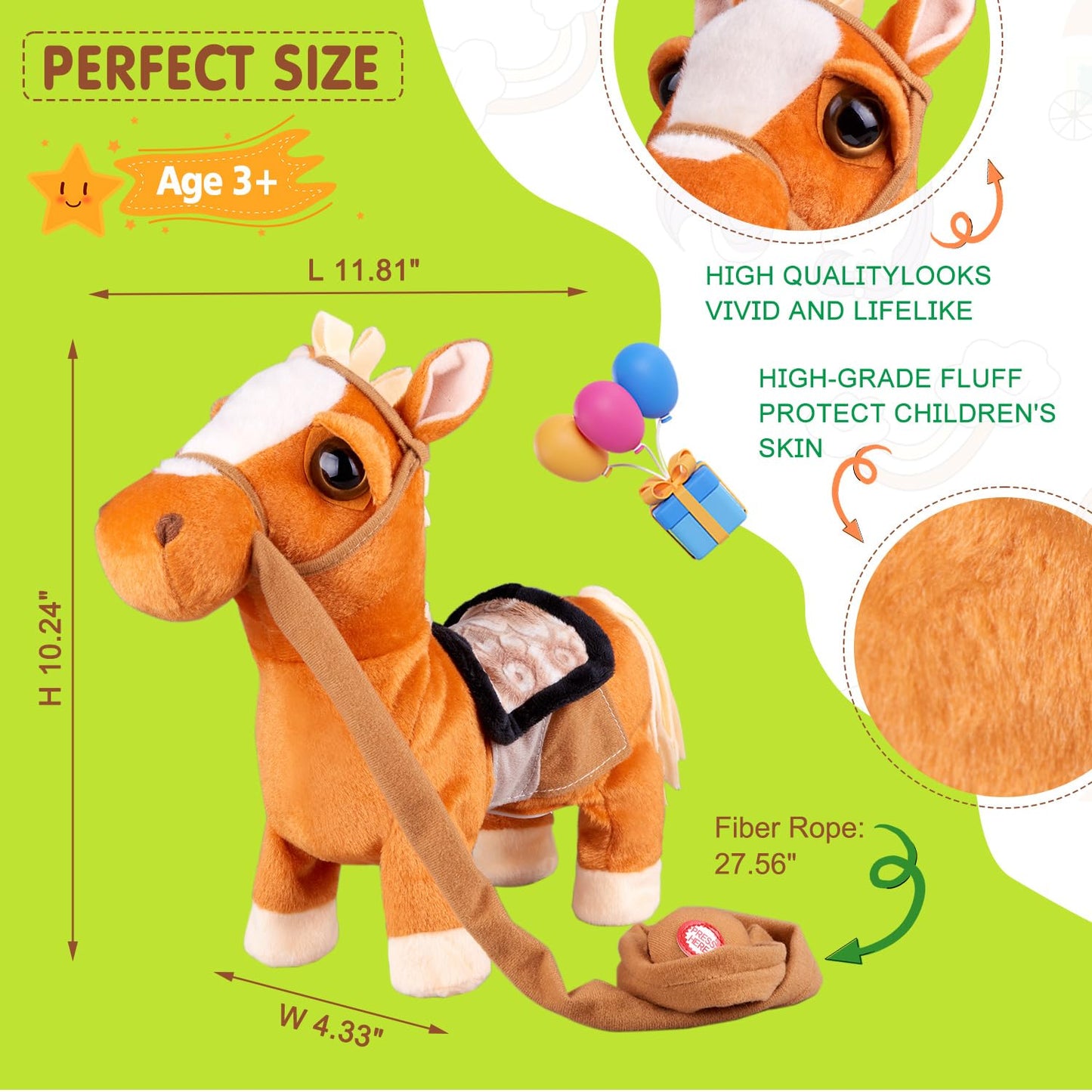 HCdoujoy Brown Walking Pony for Kids Plush Interactive Singing Dancing Musical Realistic Pet, Stuffed Animal Shaking Leash Horse Head Buttocks Toy for Boys Girls or Toddlers