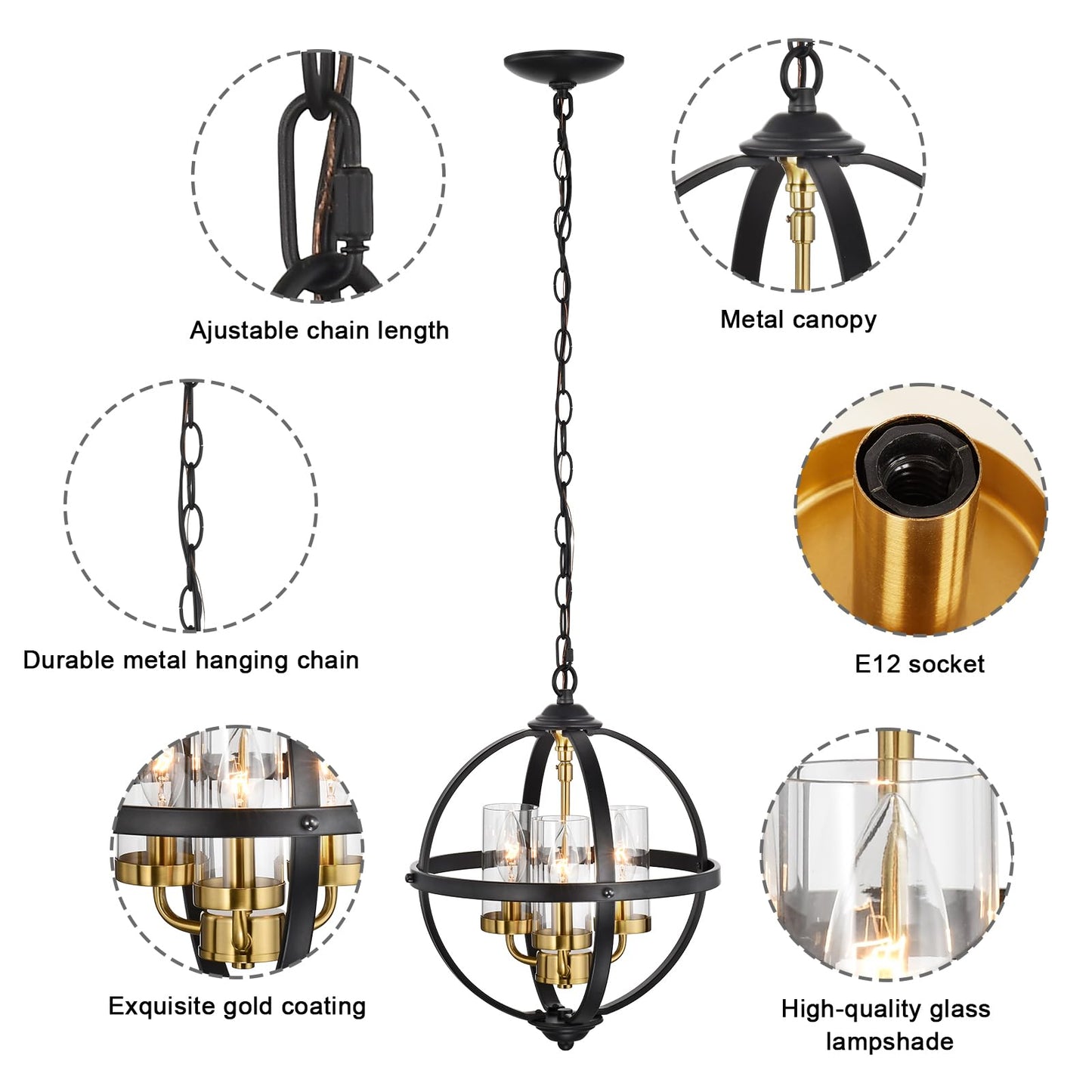Treekee Rustic Chandelier, 14" Farmhouse Globe Orb Pendant Light, Vintage Black and Gold 3-Light E12 Adjustable Ceiling Hanging Fixture for Kitchen, Dining Room, Living Room, Bedroom, Entryway, Foyer