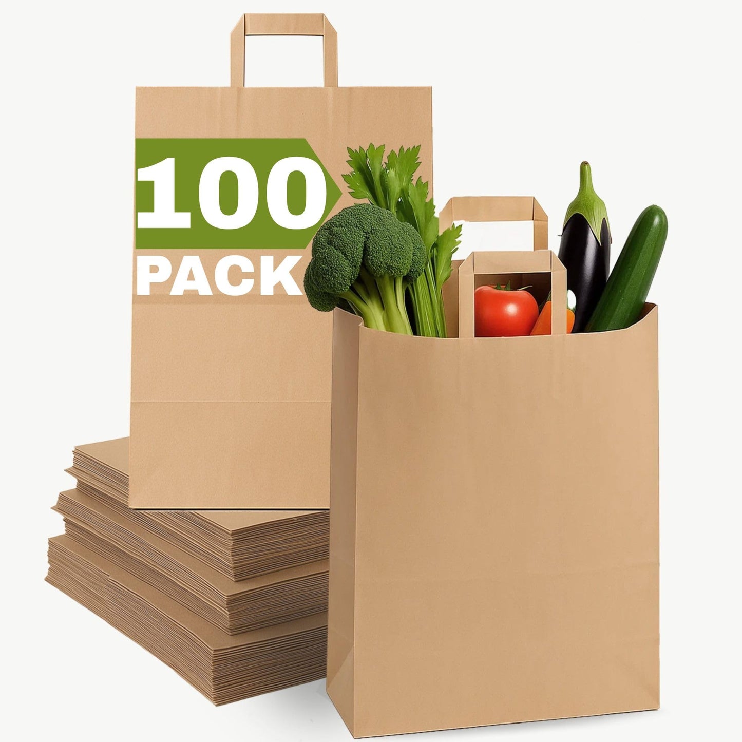 12x7x17 Large Brown Paper Grocery Bags, 100pcs Large Brown Paper Bags with Handles Bulk for Take Out, Restaurant, To Go, Retail, Shopping
