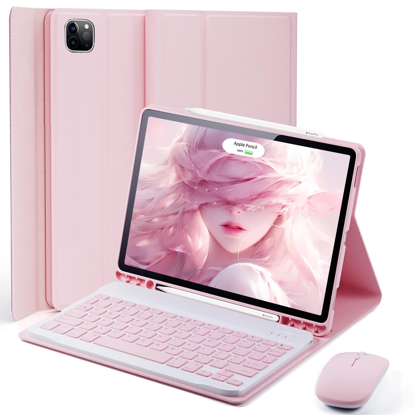 TUNKARMOR Keyboard Case for iPad Pro 13 (M4 2024) 13 inch - with Mouse and Detachable Keyboard, Slim Case with Pen Holder - Pink