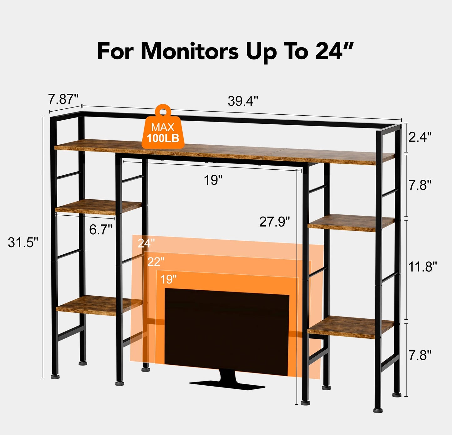 ZIFTY 39.4" Desktop Bookshelf Countertop Storage Hutch with 8 Shelves for Monitor up to 24", Large Desk Bookcase Organizer Display Shelf Rack for Computer Desk, Home Office Dorm Home Anti-tip Device