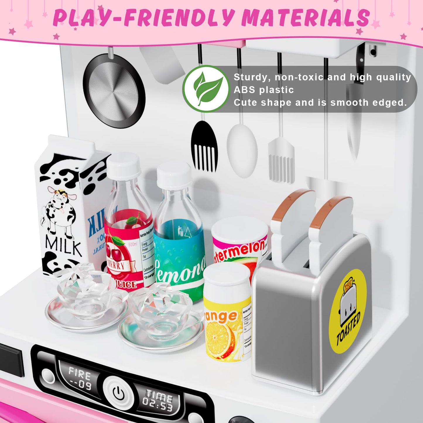 Wee Wonders 57 PCS Kitchen Playset for Girls, 5-in-1 Toddler Mini Kitchen with Realistic Lights & Sounds, Doll Kitchen House Toy, Mini Furniture Pretend Play Toys for Kids Age 3+, Pink