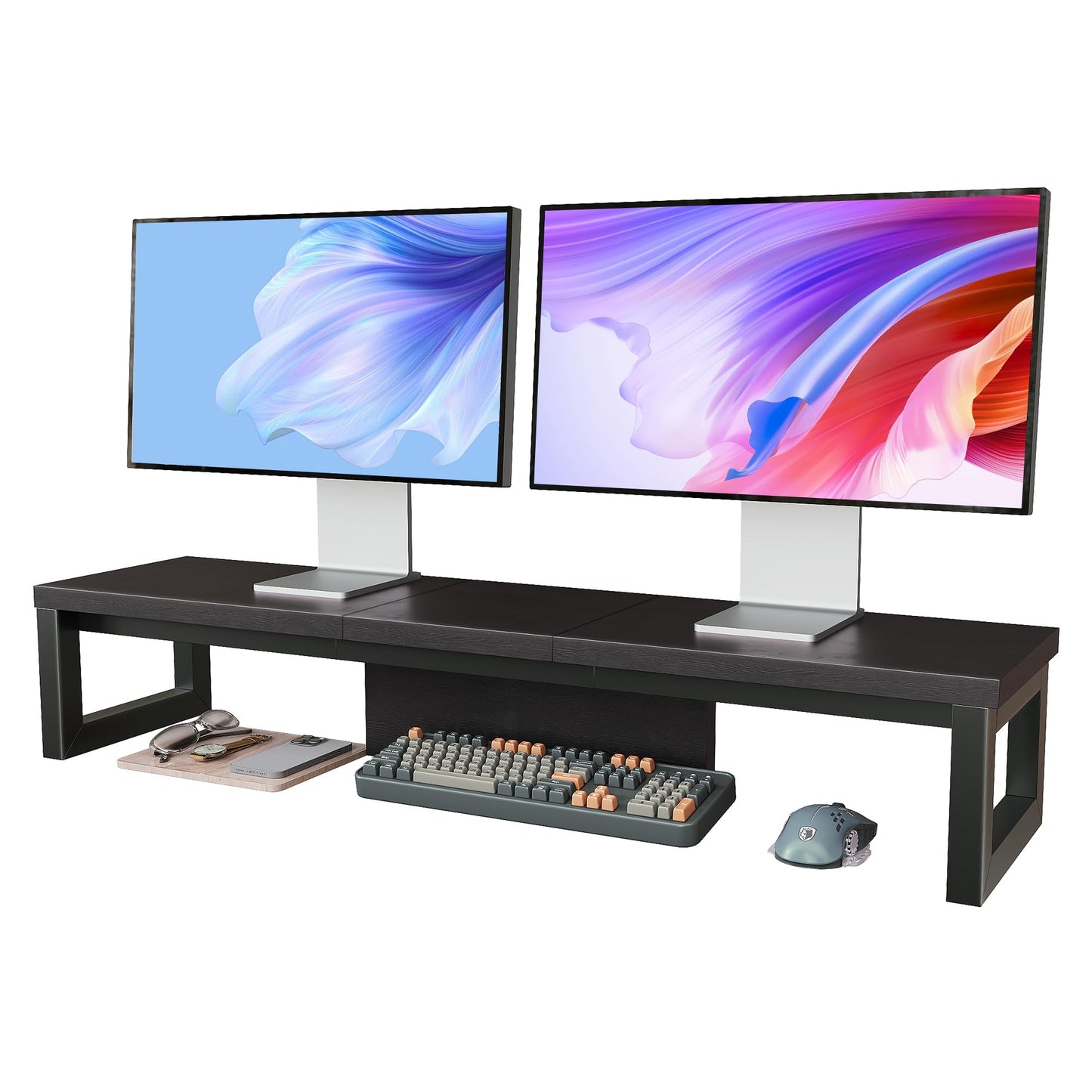 HEWORLIF Dual Monitor Stand Riser, Wood and Steel Monitor Stand for Desk, Multi-Purpose Desk Shelf Organizer for Computer, Laptop, Printer, TV, Black