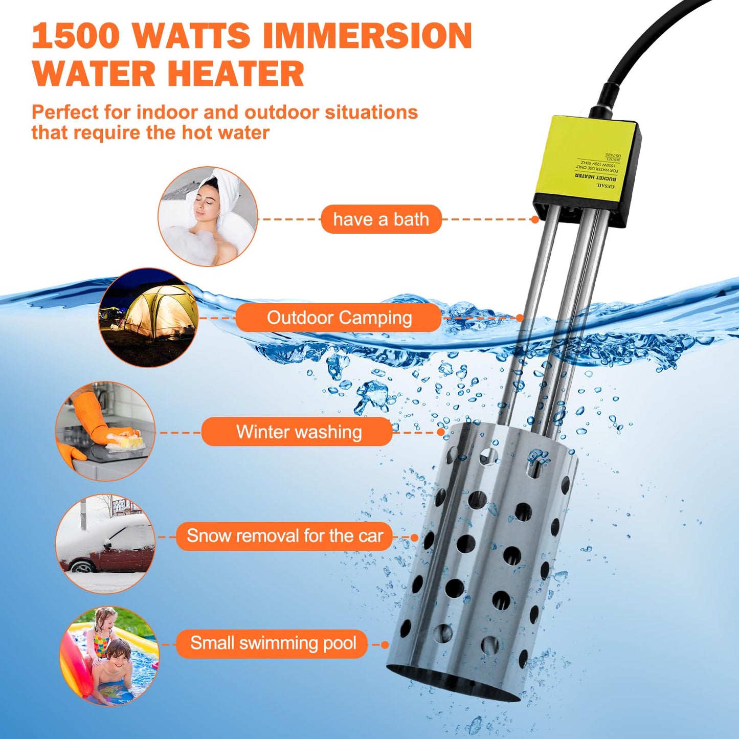 1500W UL-Listed Bucket Heater, Rust Proof Built in Temperature Controller Immersion Water Heater, Heats 5 Gallons of Water in Minutes with Auto Shutoff, for Home Outdoor Camping and Winter Job