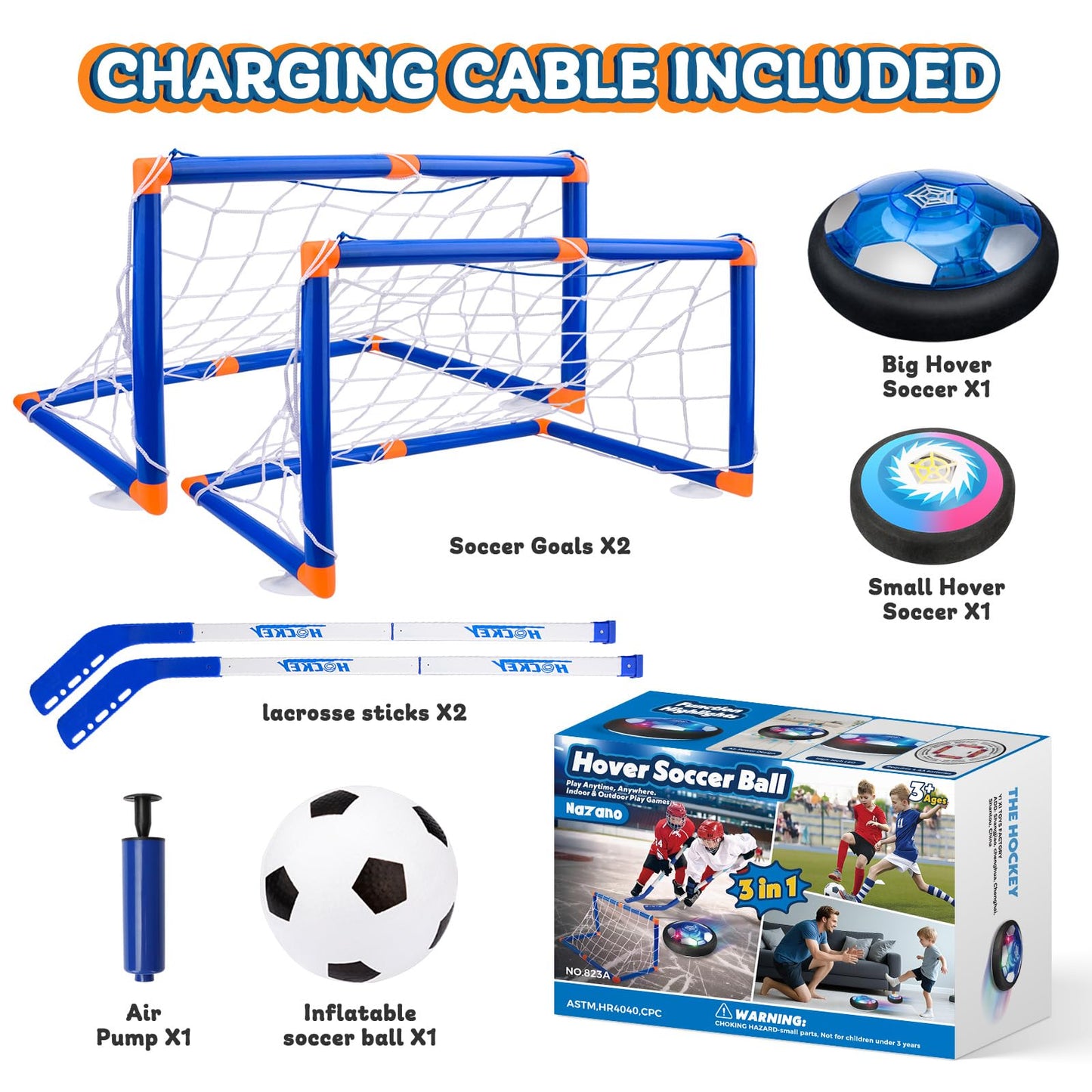 Nazano 3-in-1 Hover Hockey Soccer Ball Set for Kids, Boys Birthday Gifts, Hockey Toys for Boys 6-8 8-12, LED Lights, Indoor Outdoor Sport Ball Game Toy, Ideal Soccer Gifts for Kids Girls