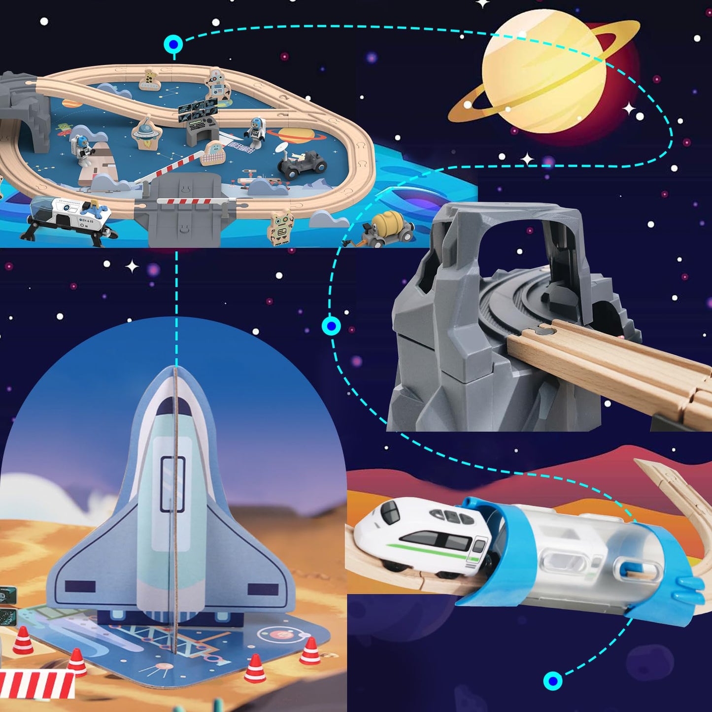 JugueteLand 82 Pcs Wooden Train Set for Toddlers, Magnetic Train with Track for Kids Ages 3-6, Compatiable with Major Brands, Space Railway Playset Gifts for Boys and Girls Ages 3+