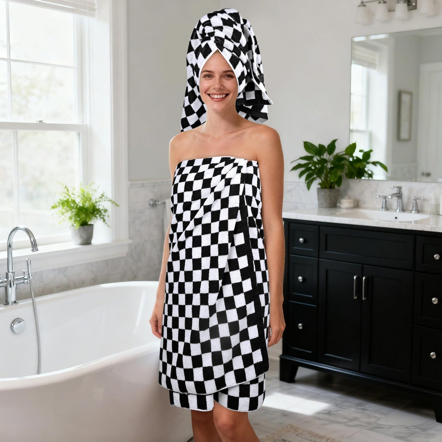 Jacquotha Black and White Towels Set of 8, Cute Checkered Towels for Bathroom Decor, 2 Bath, 2 Hand, 4 Washcloths, Cotton