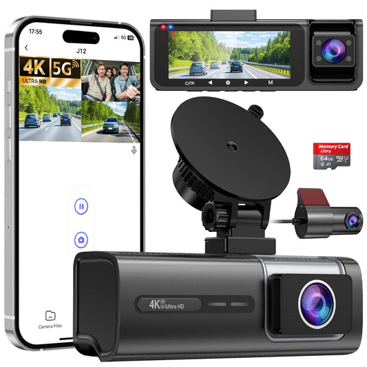 3 Channel WiFi Dash Cam, 4K+1080P+1080P Dash Cam Front and Rear Inside with 64GB Card, 3.16” IPS Screen, G-Sensor, Loop Recording, Parking Monitor, 170° Wide Angle, IR Night Vision, WDR, Silver