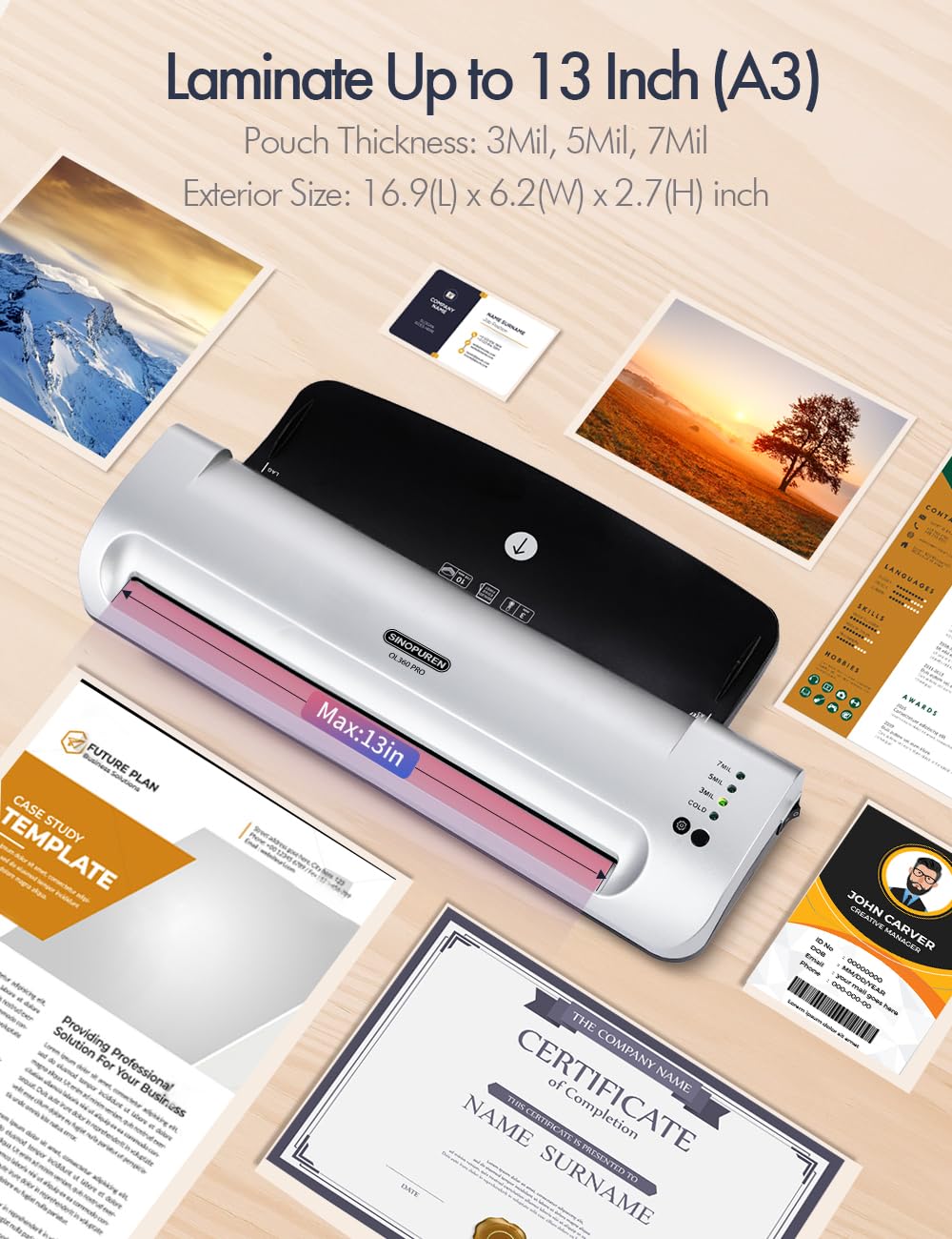 SINOPUREN 13-Inch Thermal & Cold Laminator Machine, Quick Warm-Up, 3 Temp Settings, Jam-Free ABS, Built-in Paper Trimmer & Corner Rounder, 10 Laminating Pouches, for Home Office School