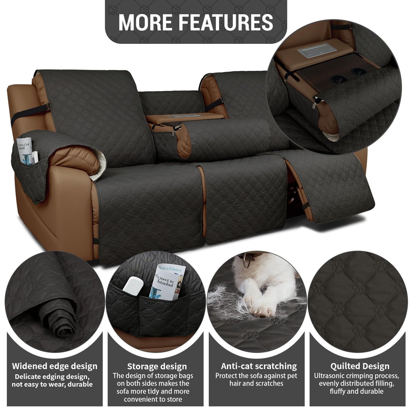 Rwoyno Waterproof Recliner Sofa Covers with Flipped Middle Backrest Washable Recliner Couch Covers Non-Slip with Elastic Straps Furniture Protector for Kid Dogs Pets (Dark Grey)
