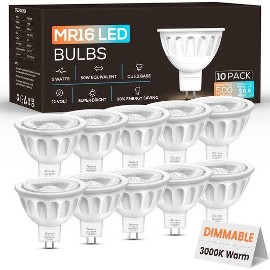 Aovpex 10 Pack Dimmable MR16 LED Bulbs, 12V 5W(50-Watt Equivalent), 3000K Warm White, GU5.3 Bi-Pin Base, 40-Degree, Indoor/Outdoor Landscape Spotlight Track Recessed Lighting