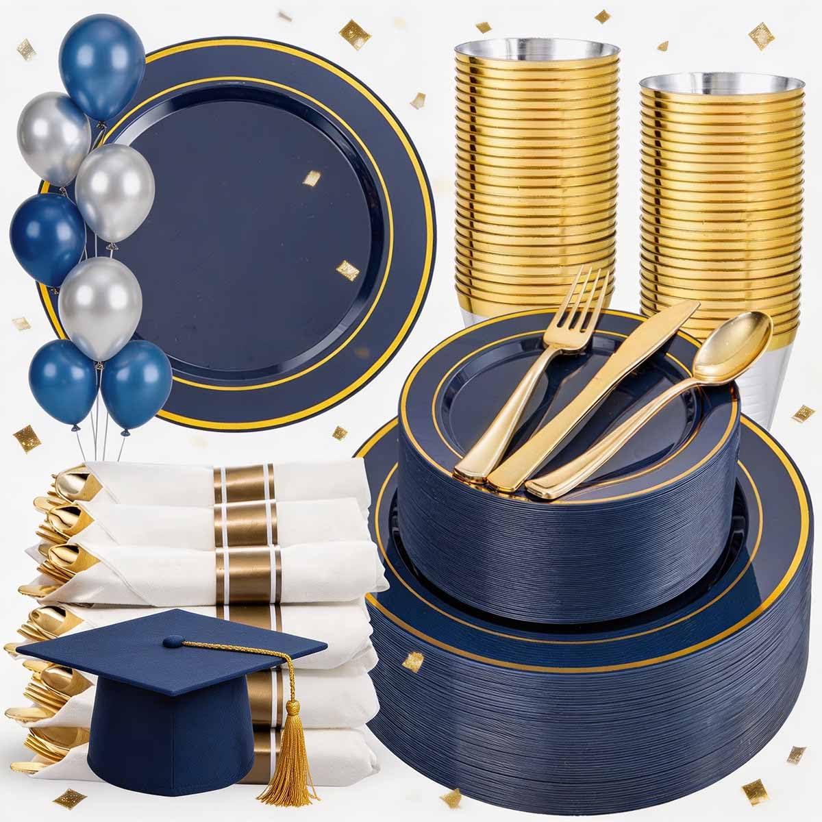 WDF Partyware 350PCS Navy Blue and Gold Plastic Plates with Rolled Napkins Include Dinner Plate 10’’, Dessert Plate 7’’, gold Cups 9 OZ, Pre Rolled Napkins for Birthday/Wedding/Party/Graduation