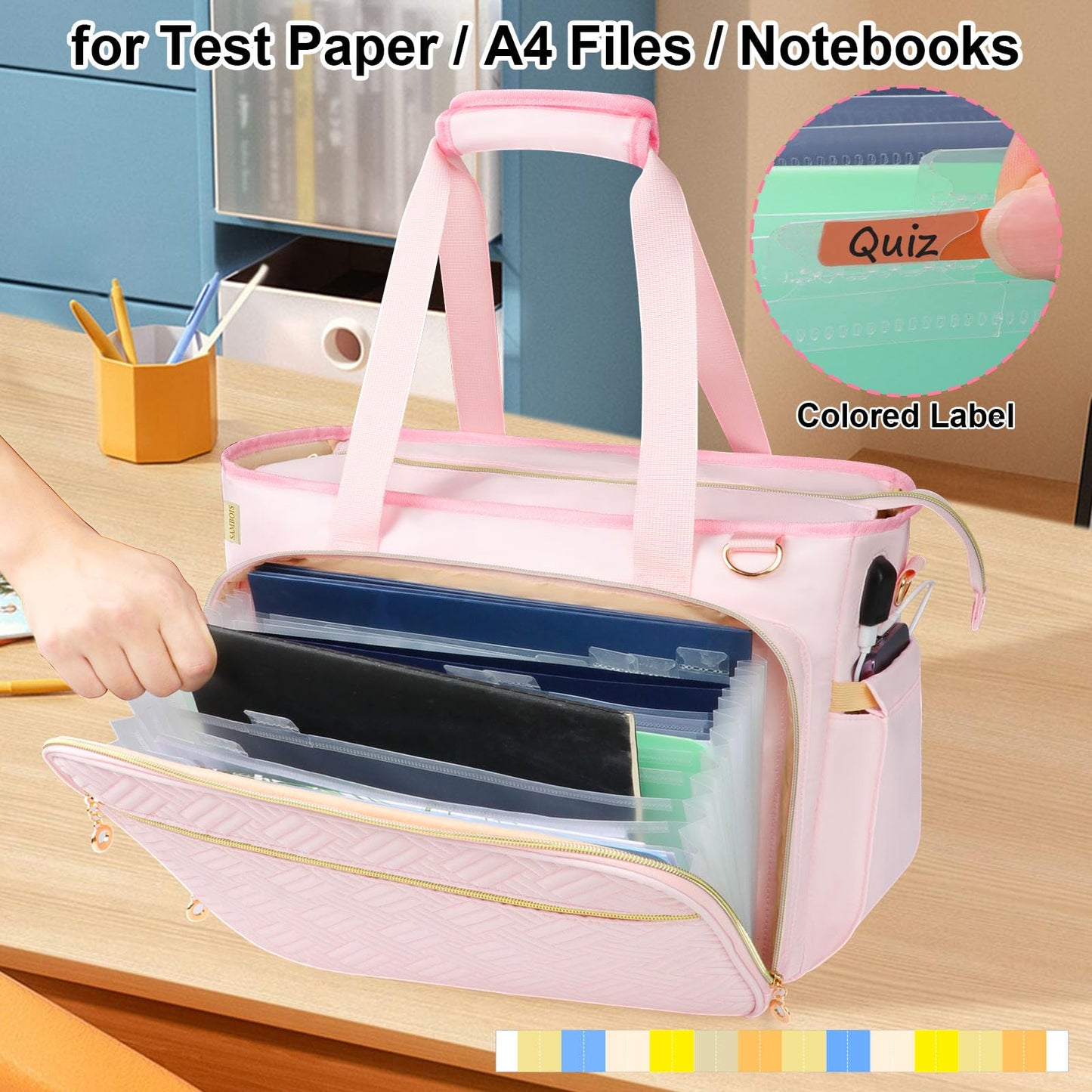 Sambois Teacher Tote Bag with Accordion File Organizer Pocket, Soft Nylon Utility Bag with 15.6 inch Laptop Compartment & USB Port, Large Work Tote Bag for Office Supplies Women (Pink)