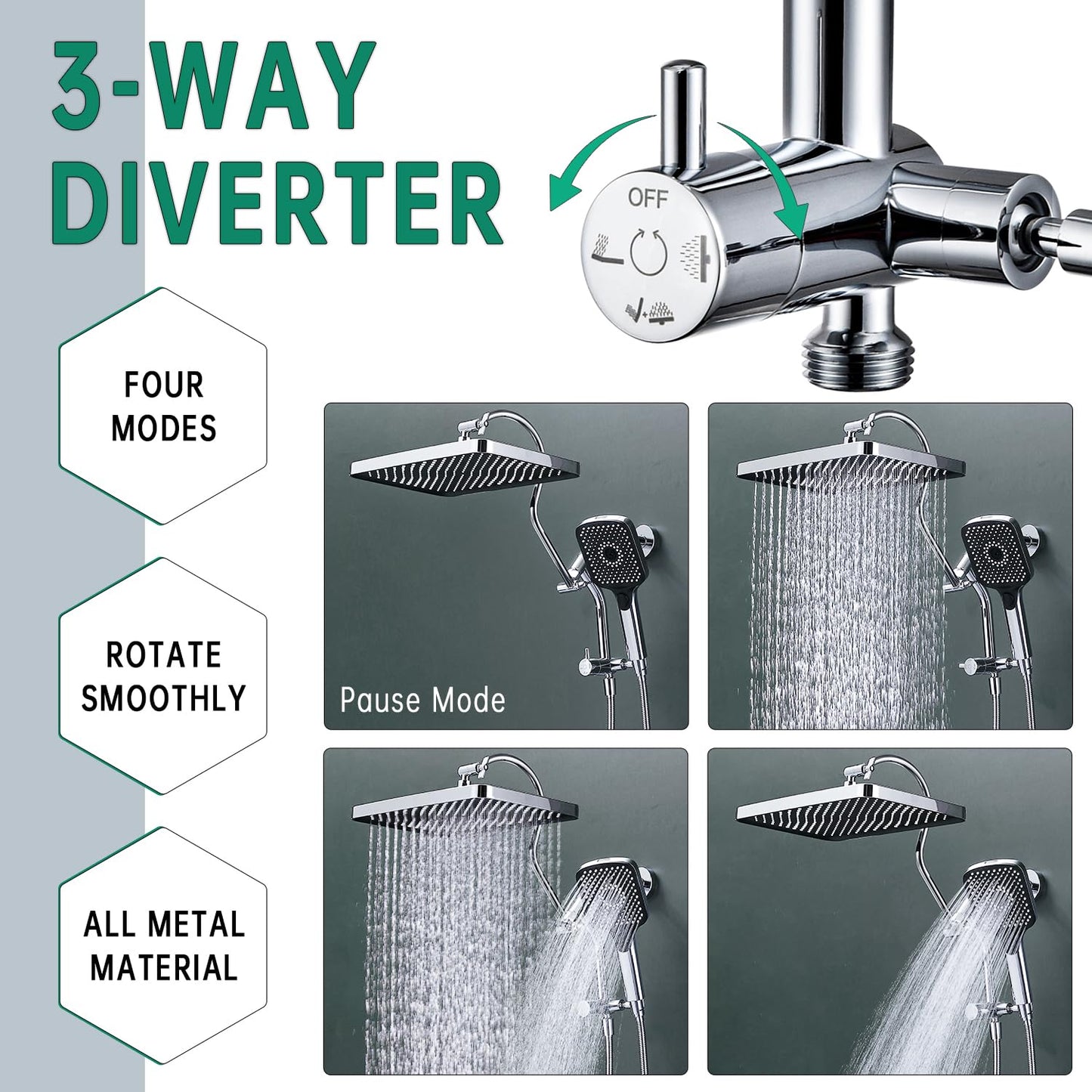 13 Inch Rainfall Shower Head with Multi-Function Handheld Sprayer Combo, 3-Way Metal Extended Diverter with Holder and Metal Adjustable Curved Shower Extension Arm, Extra Long Hose Chrome