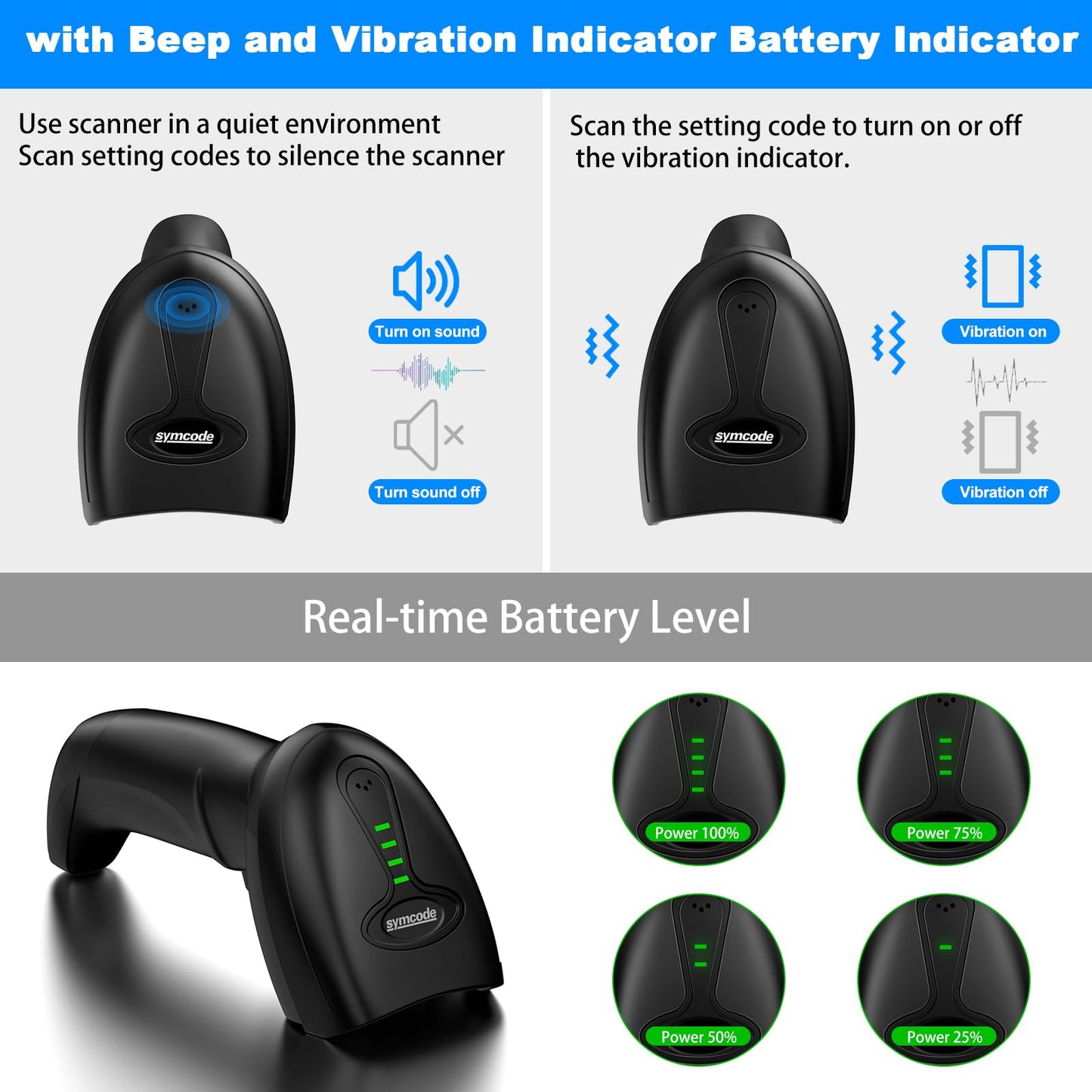 Symcode Bluetooth Wireless Barcode Scanner with Auto-Sensing Stand,Putting on Stand to Scan Automatically Sense Scanning 2D QR Bluetooth Barcode Scanner with Battery Level Indicator More-to-one Mode