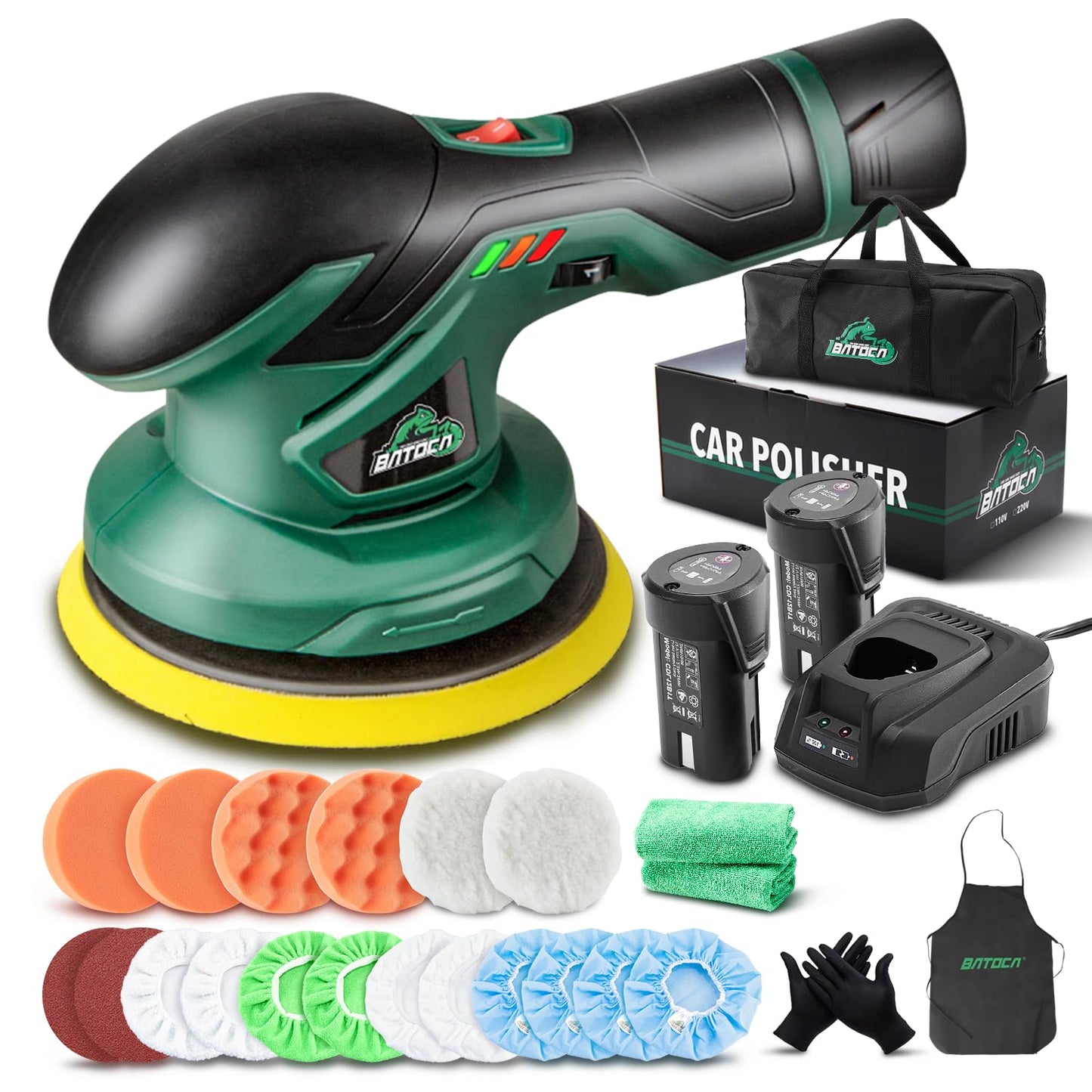BATOCA - Cordless Car Buffer Polisher - 2pcs 2.0Ah 12V Lithium-ion Rechargeable Battery Powered Brushless Polisher with 6 Variable Speed, DA Orbital Buffer for Car Detailing, Polishing, Waxing