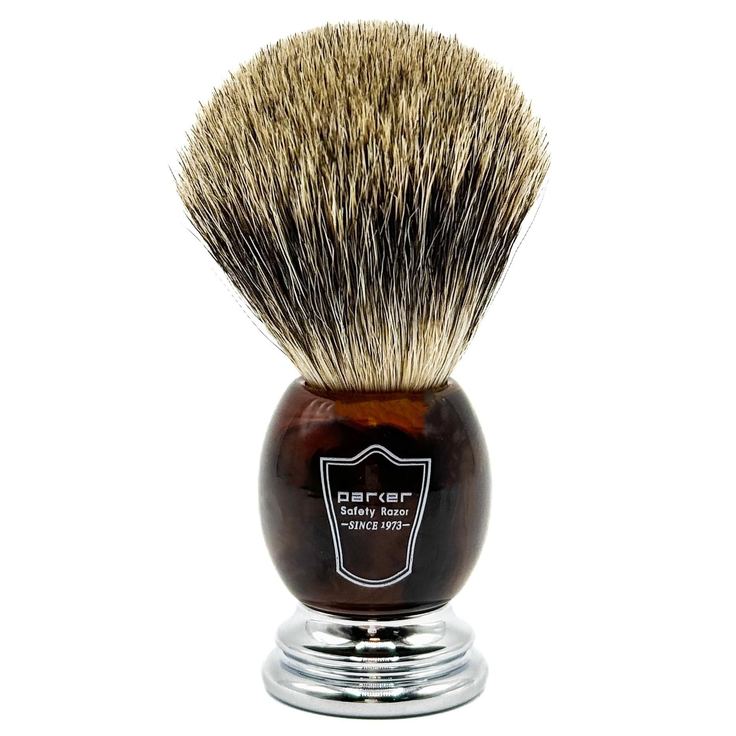 Parker Premium 3-Band Pure Badger Bristle Shaving Brush with Stand, Packaged in a Gift Box, Generates a Fabulous Lather. (Faux Horn)
