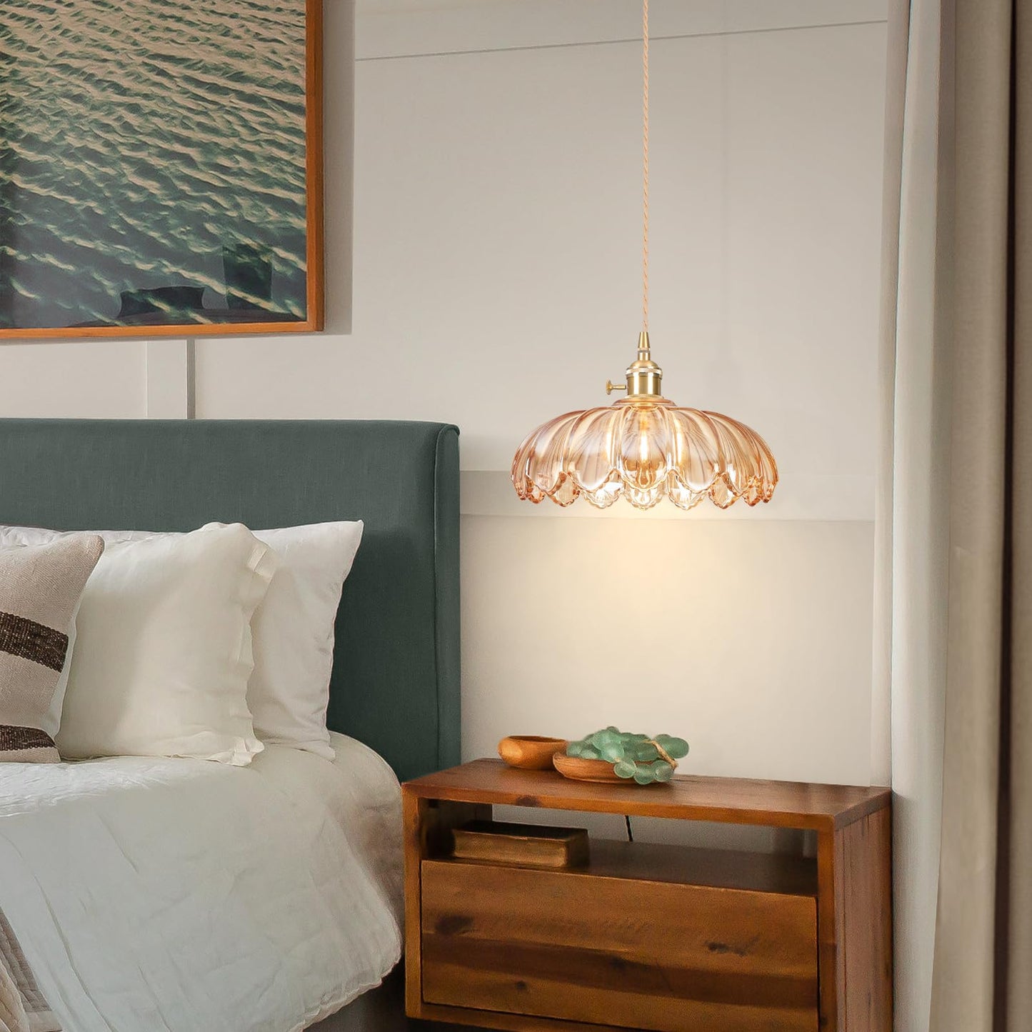 Loiogohot Battery Operated Pendant Light,Vintage Light Fixtures 2500mAh 9.8in RGB Light Bulb with Remote Control Wireless Adjustable Rechargeable Chandelier for Kitchen Island Hallway 1Light