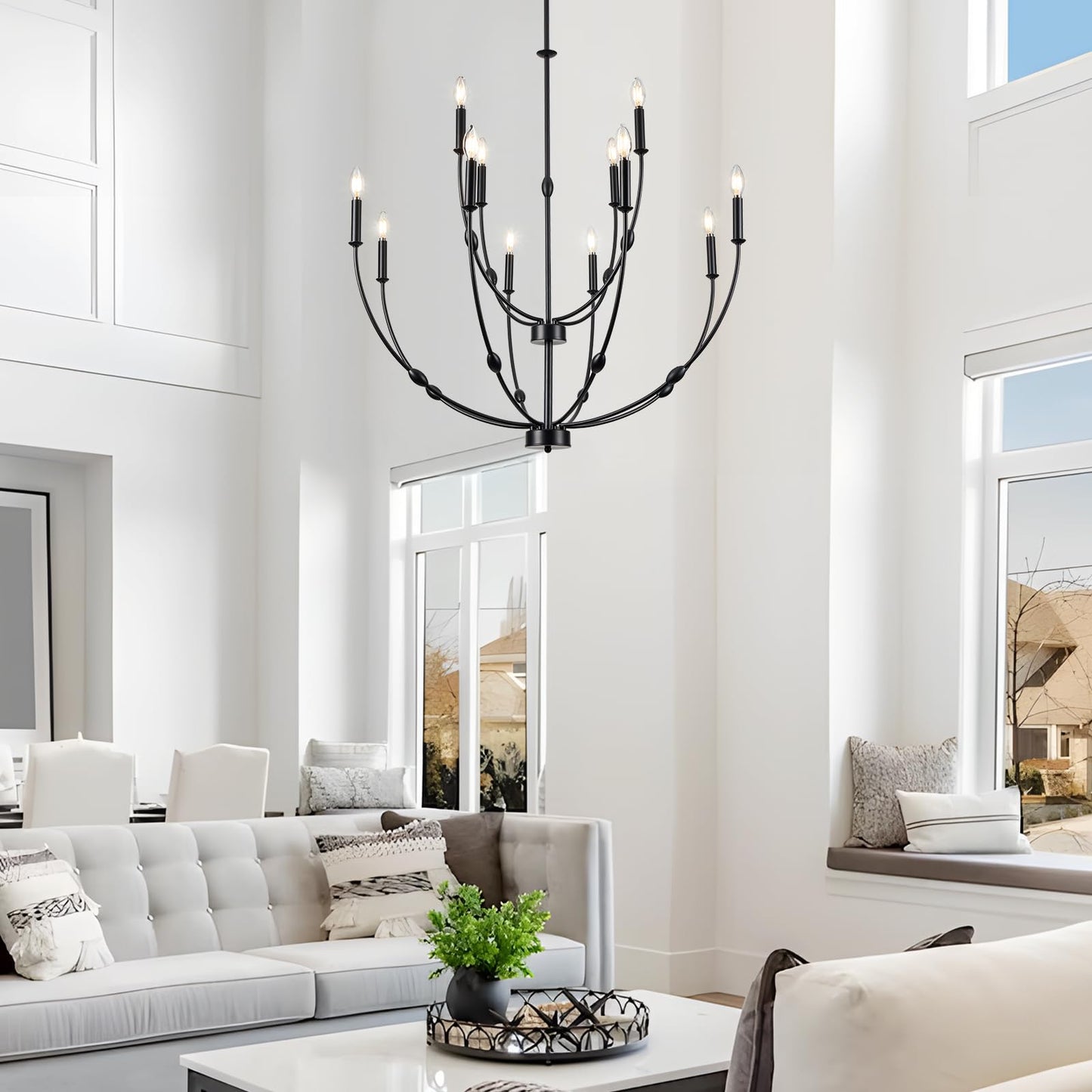 ACANER 12-Lights Black Farmhouse Chandelier for Living Room, 35 Inch 2-Tiers Large Chandeliers for High Ceilings, Modern Rustic Candle Chandelier for Foyer Entryway