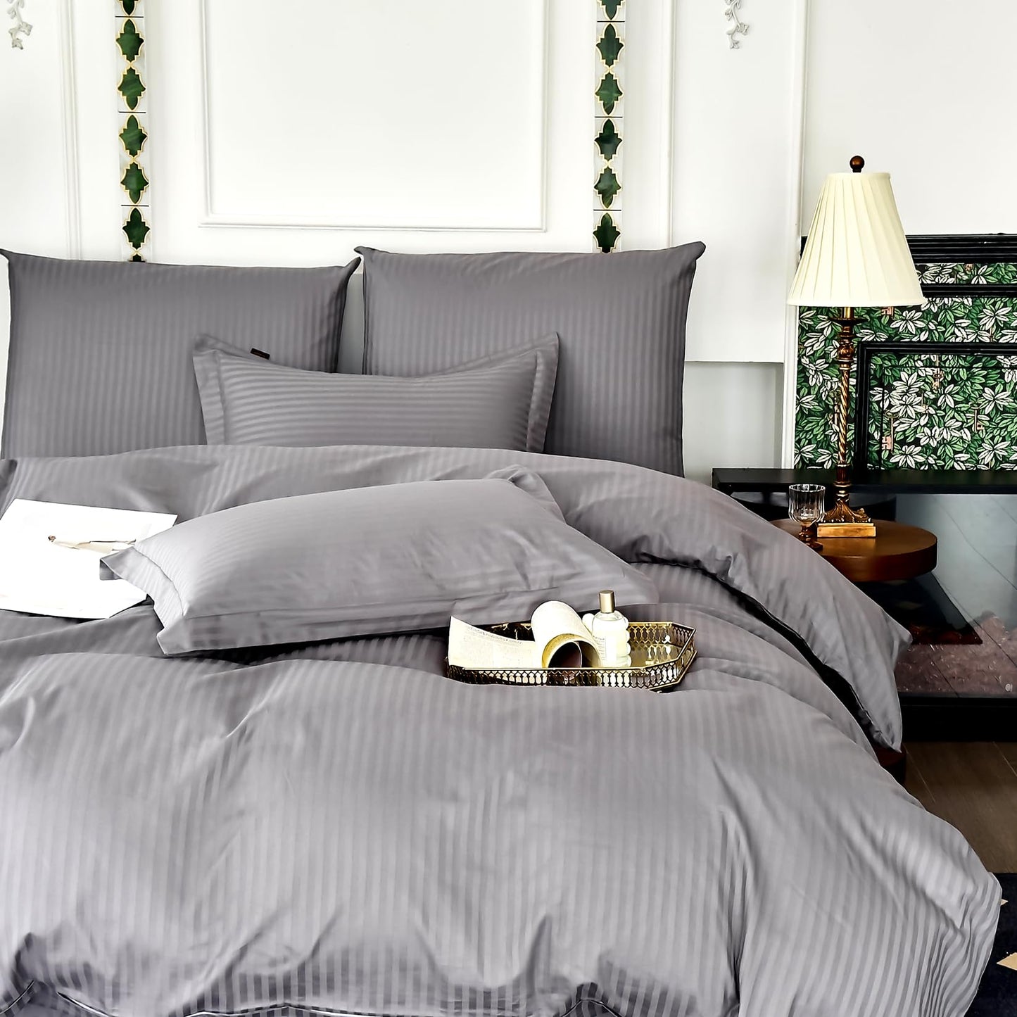 Amolavet Hotel Duvet Cover King Size Cotton Dark Grey Satin Pin Striped with Zipper - Duvet Cover King 3 Pcs Set 104x90 (1 Duvet Cover & 2 Pillow Shams) - Comforter/Quilt Cover King Size