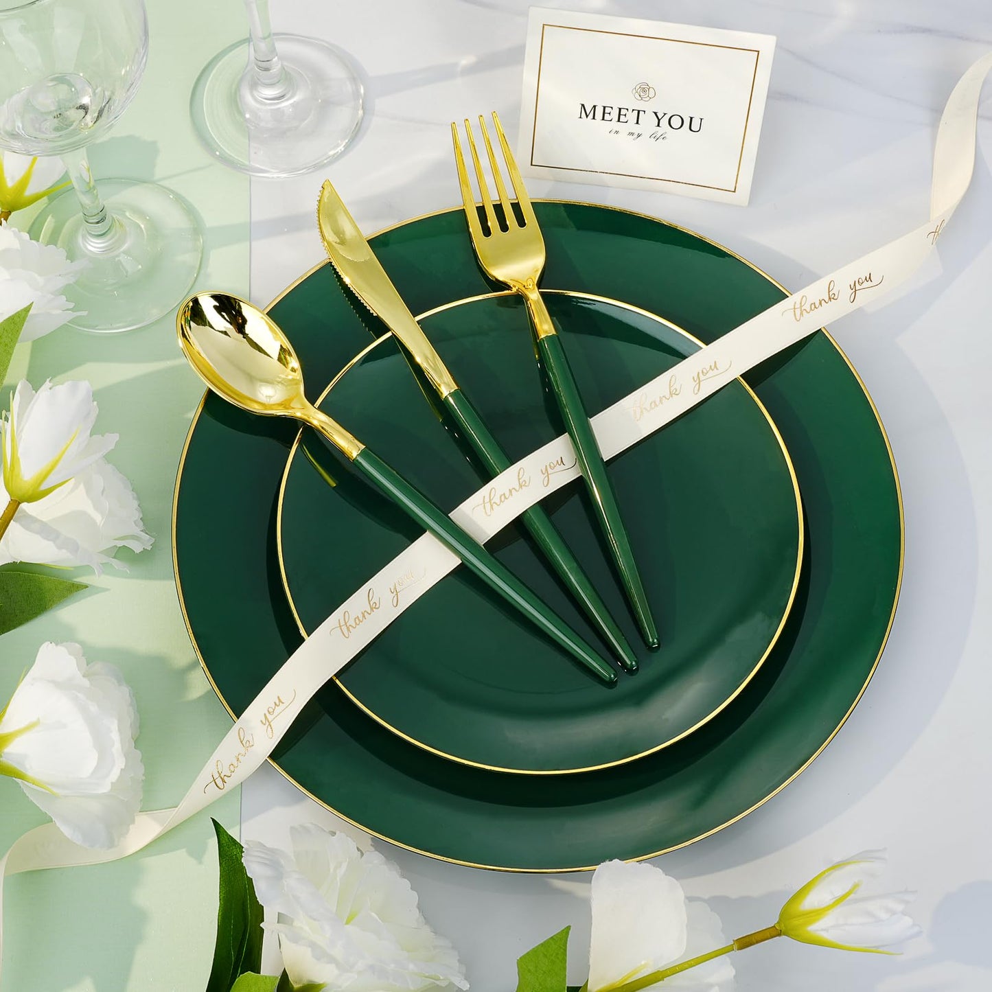 175 Pieces Green Gold Plastic Dinnerware Set, Gold Disposable Plates for Party, Include 50 Green Plates with 75 Plastic Cutlery, 25 Napkins and 25 Cups