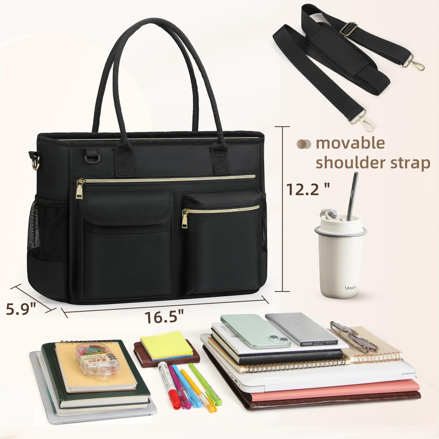 RAINSMORE Laptop Bag for Women 15.6 inch Work Teacher Tote Bag Nurse Bag Professional Laptop Tote Computer Messenger Shoulder Bag Large Handbag Business Office Work Bag Briefcase Black