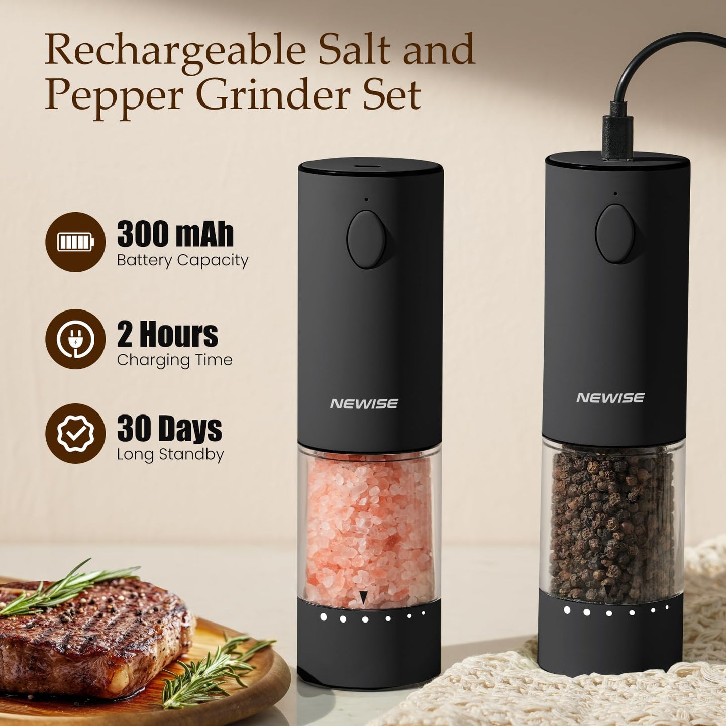 Newise Electric Salt & Pepper Grinder Set, Rechargeable with LED Light & External Coarseness Adjustment, One-Hand Operation, Valentines Day Kitchen Gifts for Him Home Cooks & Families - Black