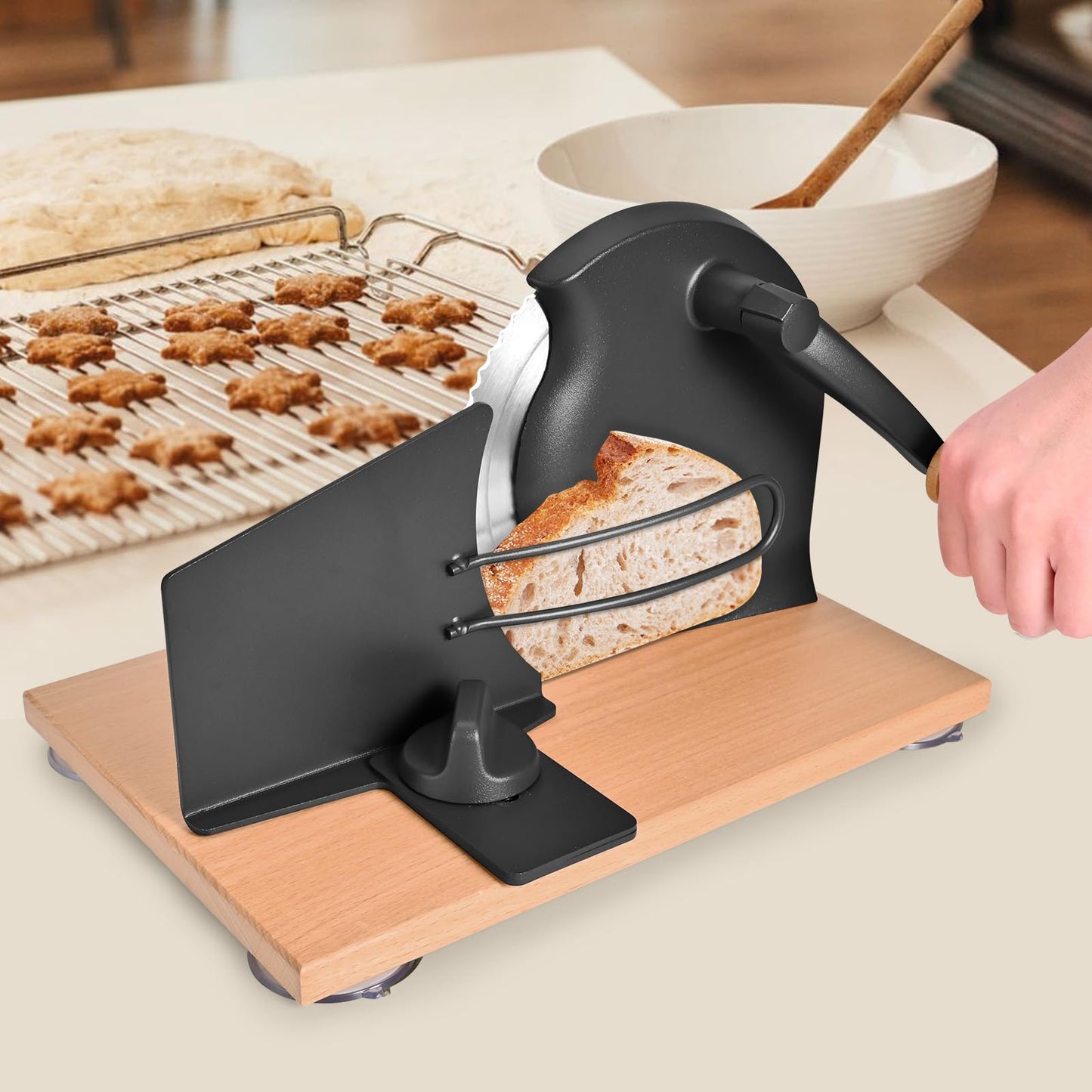 SOWKIPE Manual Bread Slicer with Hand Crank, Classic Home Bread Slicer for Homemade Sourdough, Rotary Slicer with Adjustable Thickness, Premium Stainless Steel & Powerful Suction Cups (Black)
