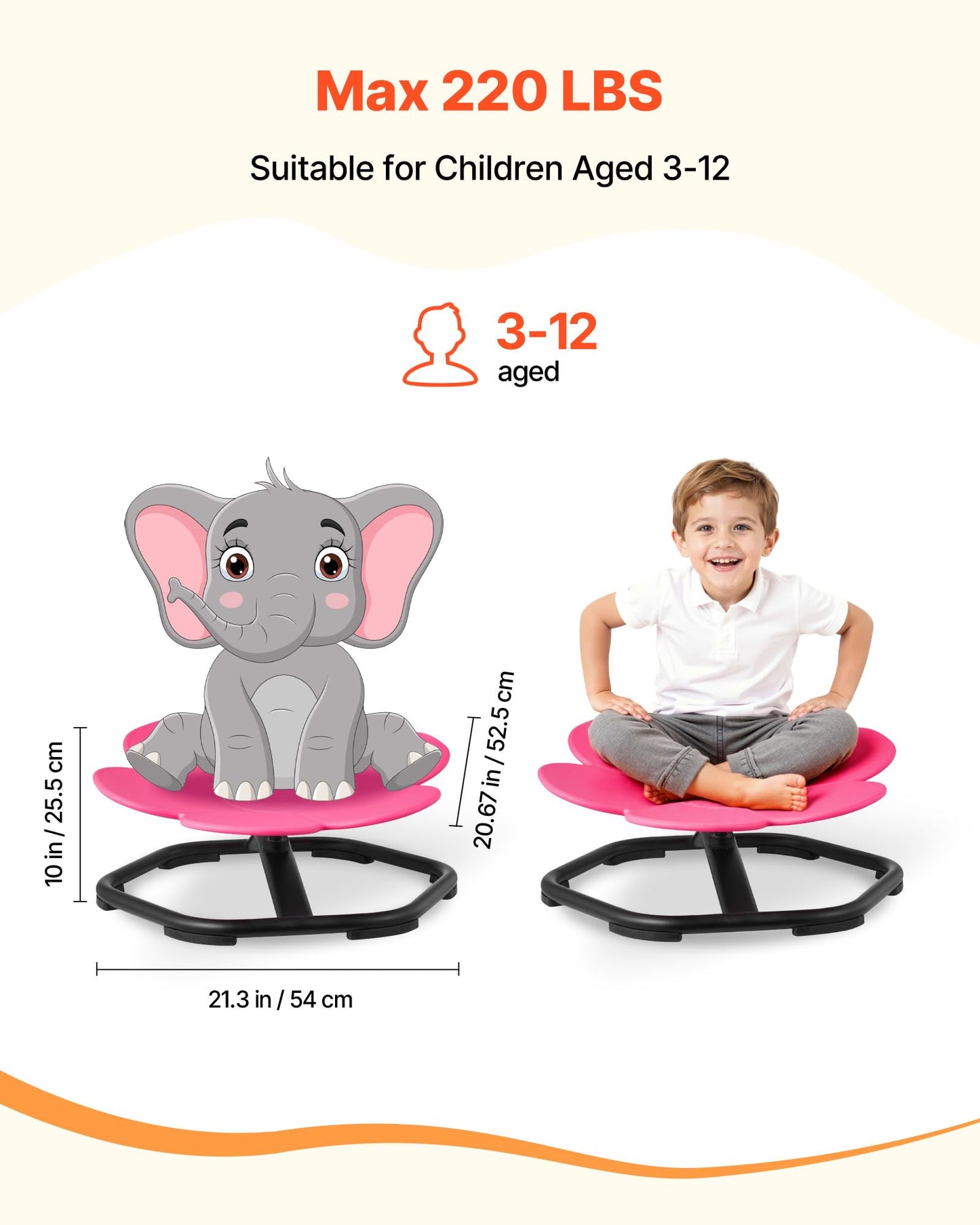 VEVOR Kids Swivel Chair, 220 lbs Capacity, Flower Shape Sensory Spinning Chair, Autistic Kids Sensory Toy Seat with Non-Slip Metal Base, Toddler Sit & Spin Seat for Coordination Balance Focus, Rose
