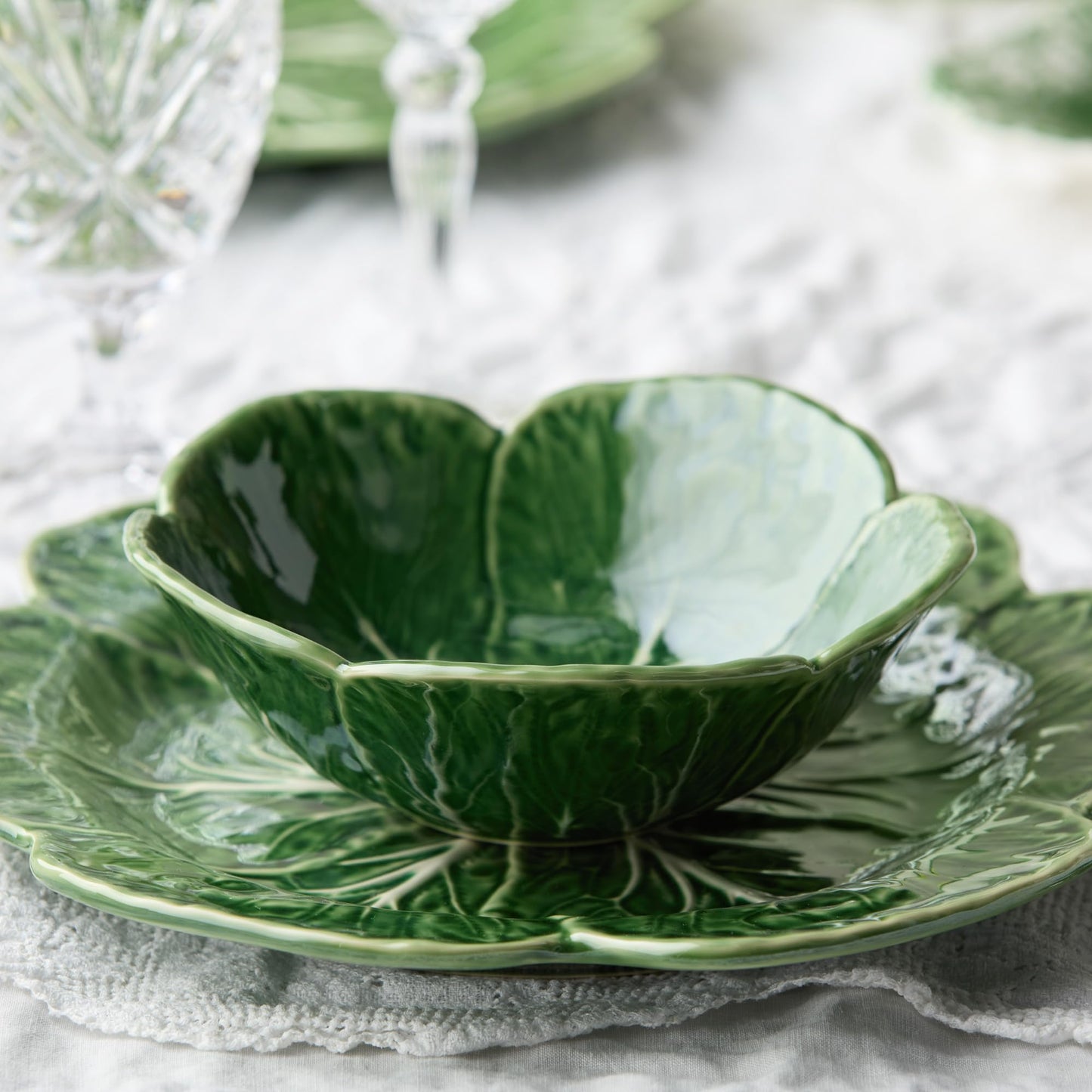 Le Jardin Green Cabbage Plates 3D CEREAL/SOUP BOWLS, SET Of 4 – 7" Sculpted Green Stoneware Leaf Bowls – Garden-Inspired Stoneware for Breakfast, Snacks & Everyday
