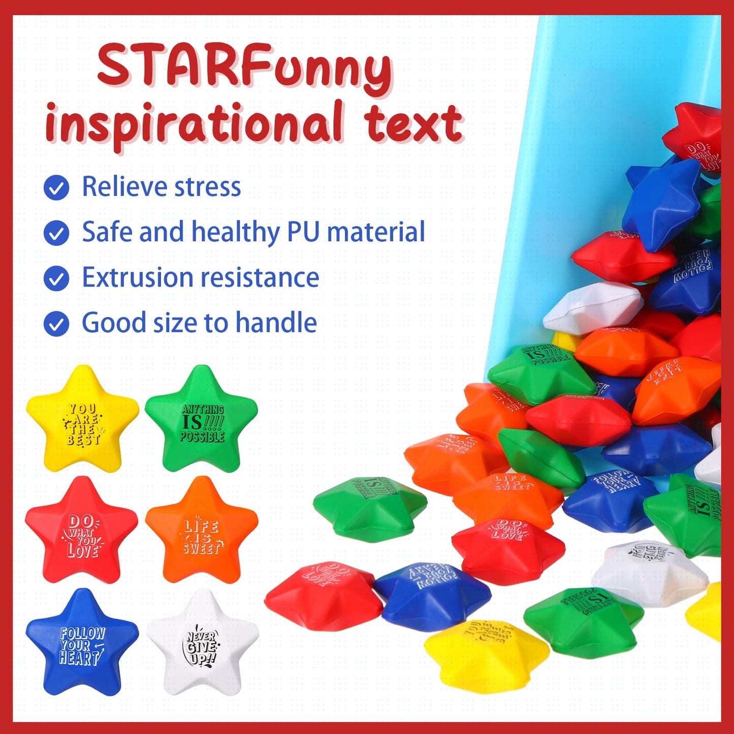 Leyndo 200 Pack Stress Balls Bulk Motivational Stress Relief Colorful Foam Squeeze Balls with Inspirational Quotes for Adults Teens Kids Relief Encouraging(Star Stress Balls)