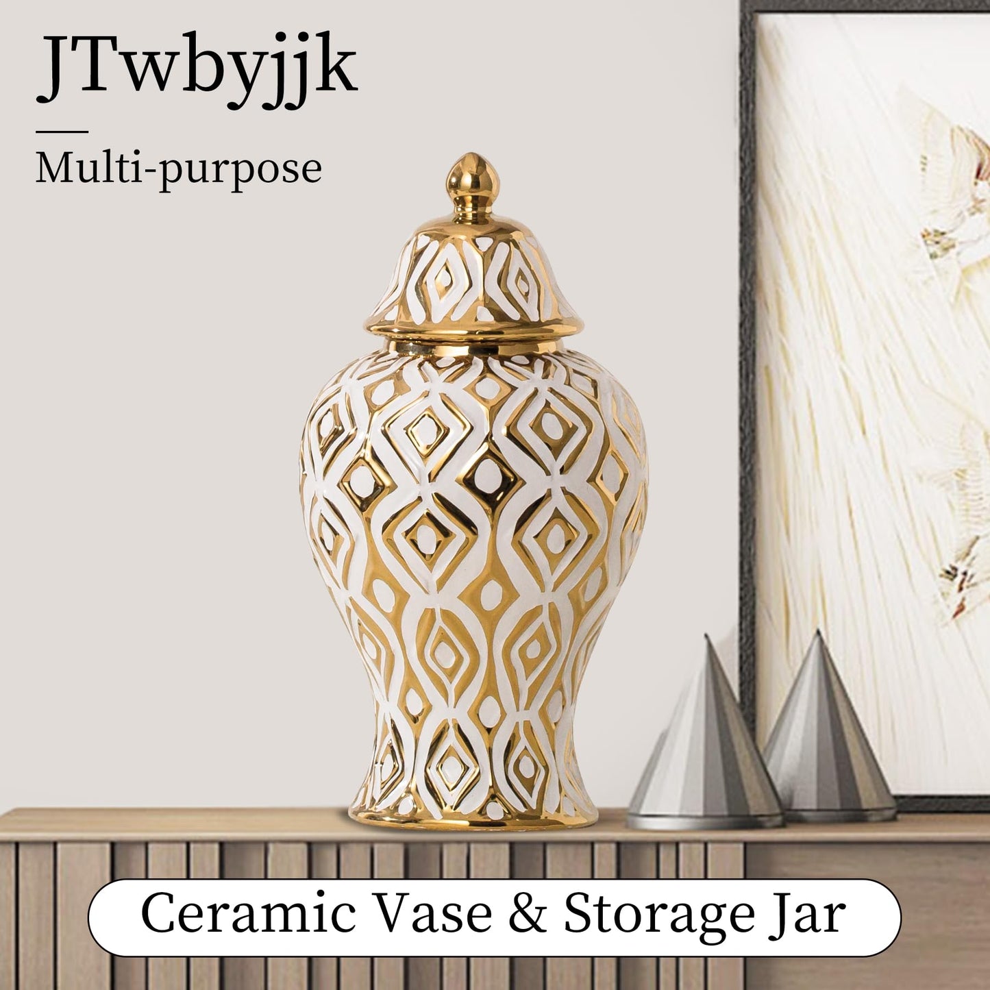 White and Gold Vase with Lid, Ginger Jars for Home Decor, Ceramic Flower Vase for Home, Kitchen, Bookshelf Decor, Storage jar, Table Center Vase, Centerpieces Jarrones(11in)