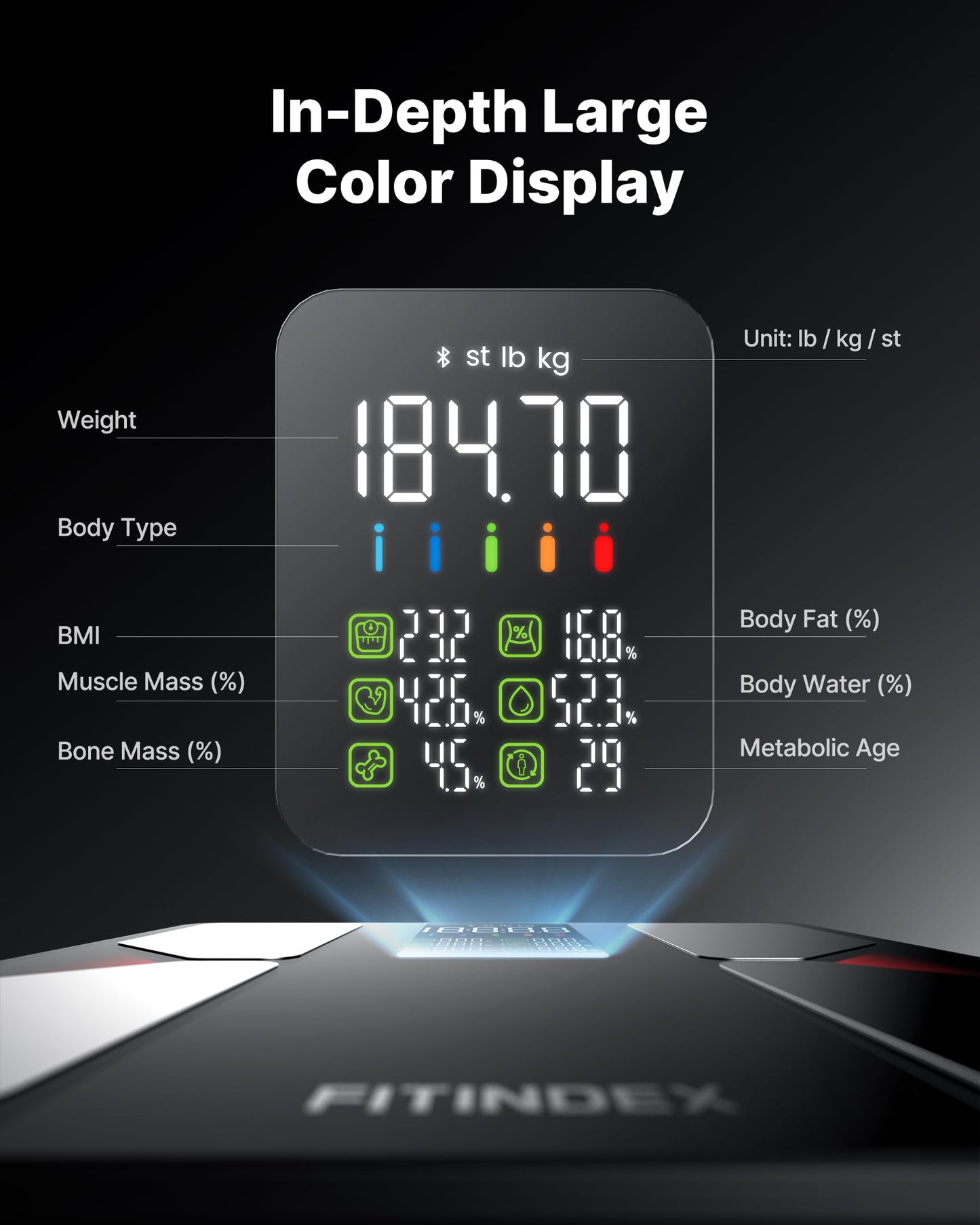 FITINDEX Smart Scale with BMI, Body Fat, Muscle Mass, Scale for Body Weight and Fat Percentage, High Accurate Bluetooth Scale with Large Display, 13 Body Composition Analyzer Sync APP, 500lbs, 11.8"