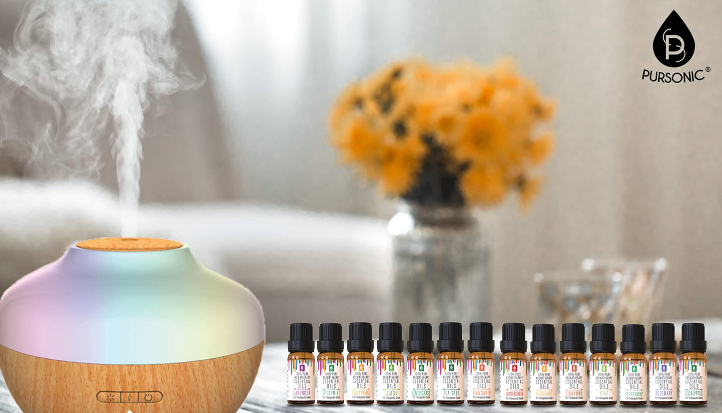 Pursonic Aromatherapy Diffuser & Essential Oil Set-Ultrasonic Diffuser & Top 14 Essential Oils-300ml Diffuser with 2 Mist Settings & 7 Ambient Light Settings-Therapeutic Grade Essential Oils