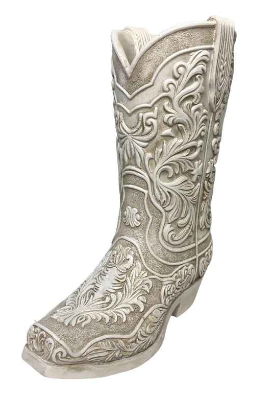 Cowgirl Boot Flower Vase – 9” Tall Antique White Finish with Intricate Tooled Leather Detailing - Decorative Western Cowboy Modern Rustic Decor