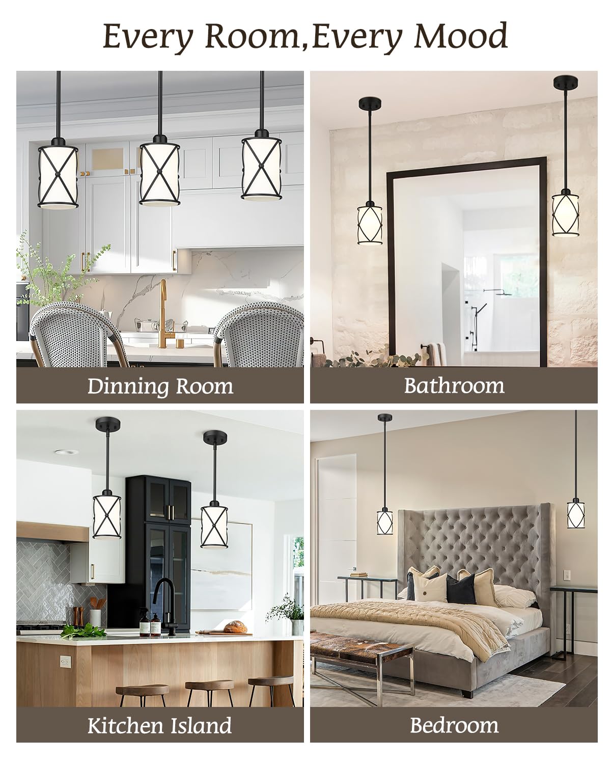 Osimir Glass Pendant Lights Kitchen Island, 2 Pack Modern Black Pendant Light Fixtures with Frosted Glass and Rod, Mid Century Cage Pendant Light for Kitchen Sink Dining Room, CH9176BKW-2PK