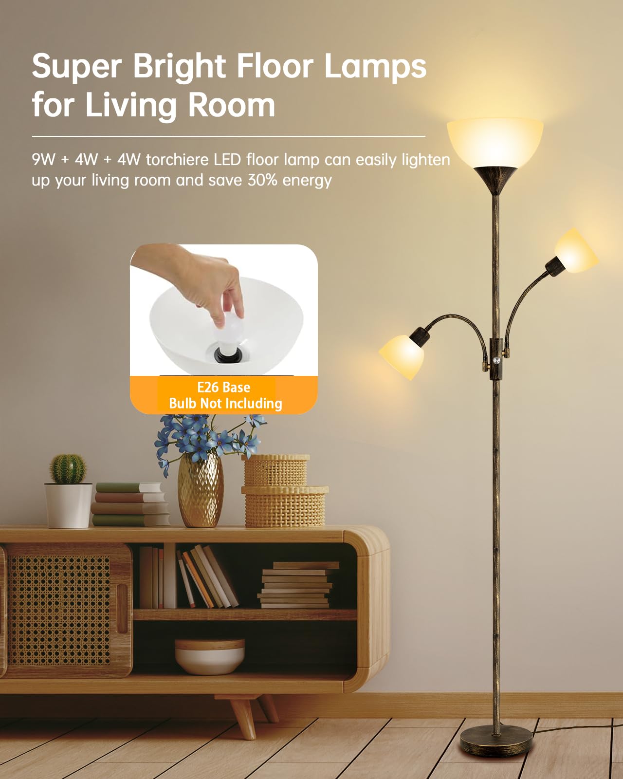 Floor Lamp, Standing Lamp, 71" Tall Lamps for Living Room, 3 Way Switch, Plastic Lampshade, Torchiere Tree Lamp with Reading Light, Modern Pole Lamps for Bedroom E26 Base(No Bulb, Rustic Bronze)