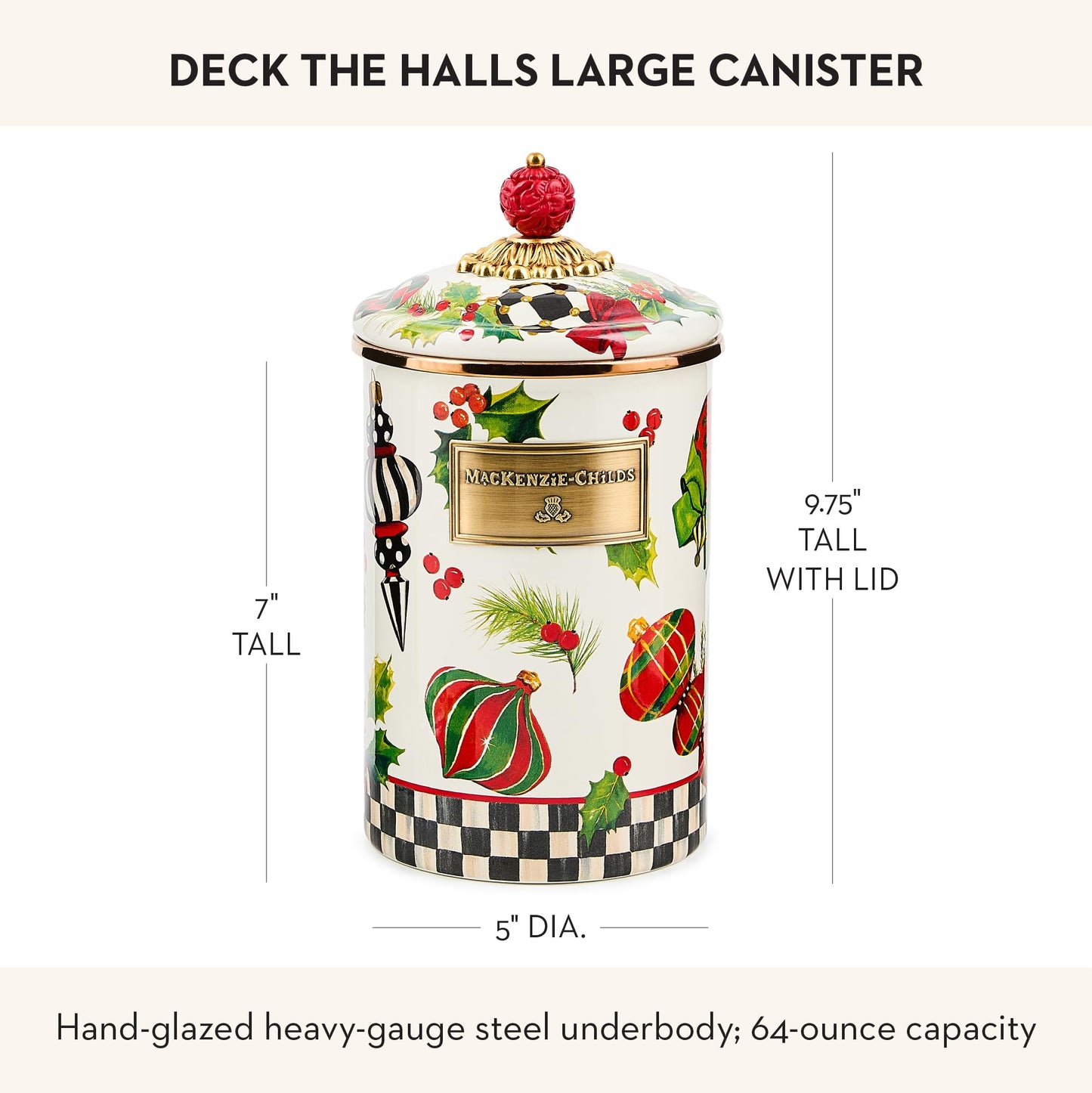 MACKENZIE-CHILDS Enamel Canister, Kitchen Storage Container with Lid, Large, Deck the Halls