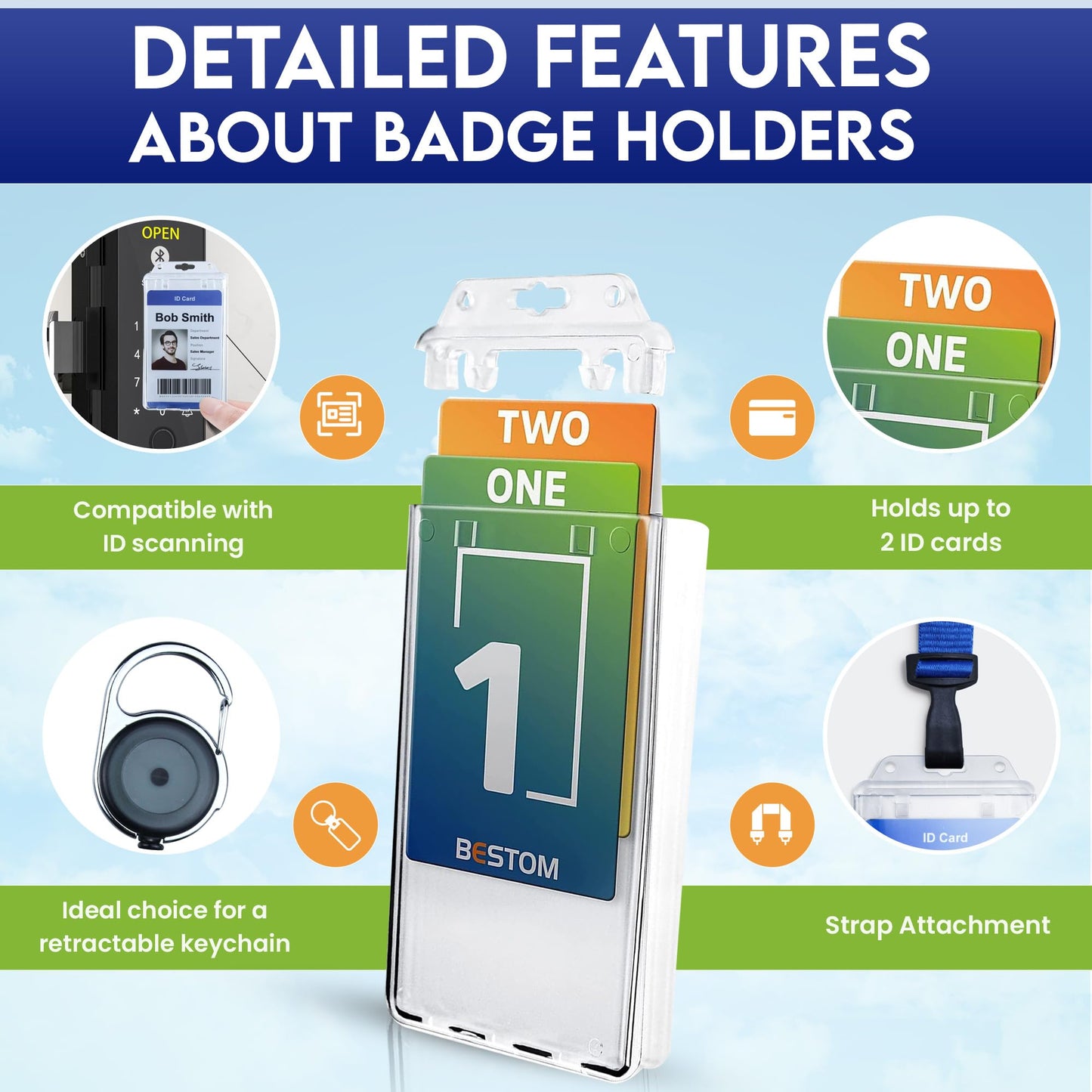 Bestom 50 Pack Clear Rigid Plastic Permanent Locking ID Card Holders – Vertical Secure Dual Sided Work Badge Holder Fits Two Standard 30mil ID Badges or One Proximity/Prox Card