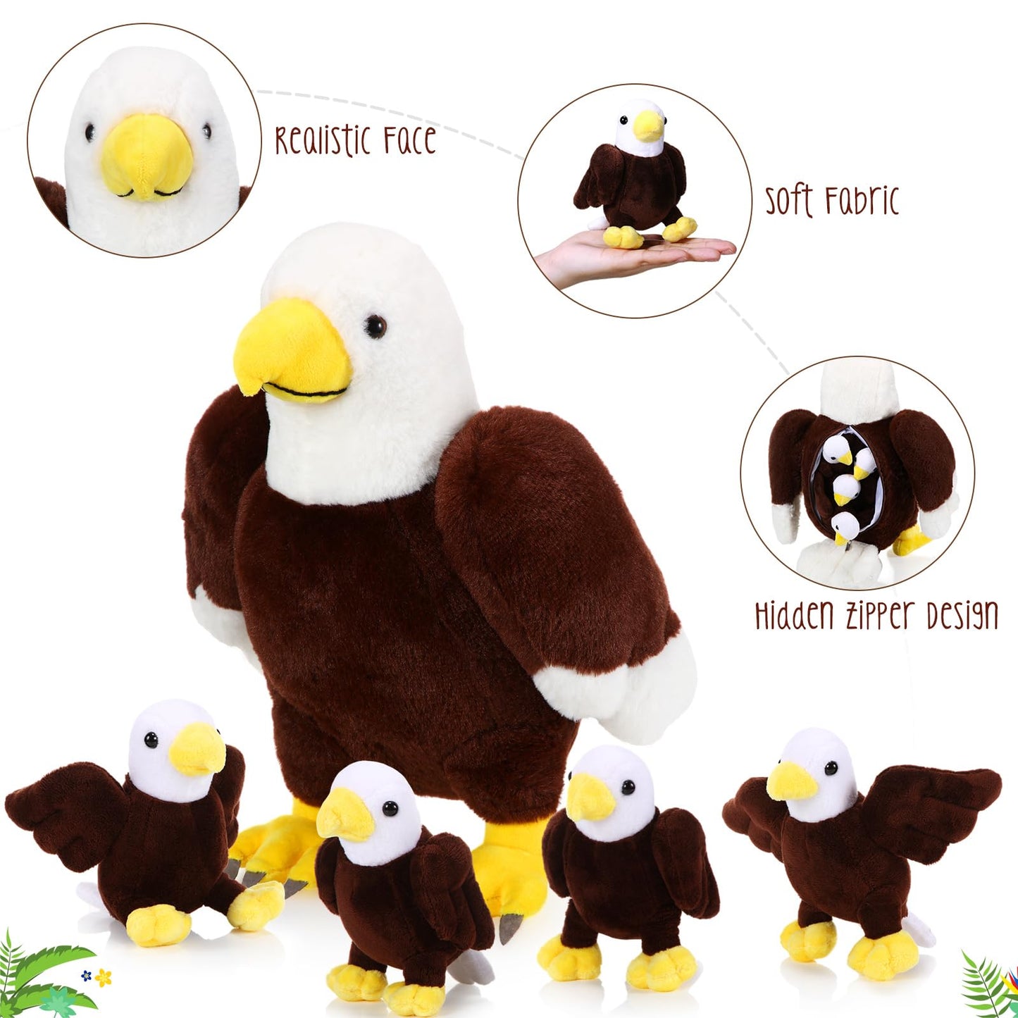 Lenwen 5 Pcs Bald Eagle Stuffed Animal Bulk 1 Mommy Eagle Plush with 4 Cute Babies Bald Eagles Plush Wild Bald Eagles Stuffed Animal Toy for Boys Girls Birders Zoo Gifts(Eagle)