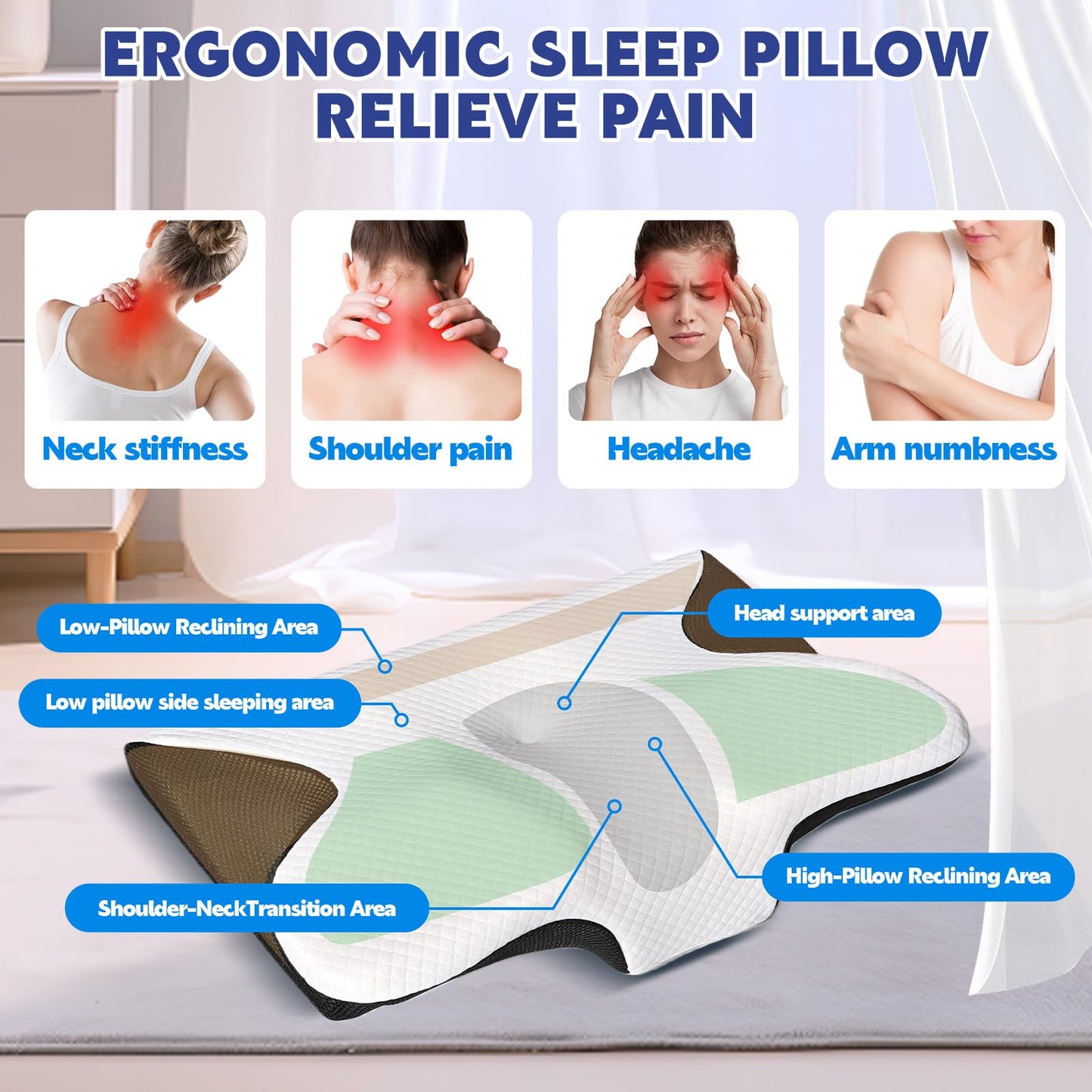 Keaolotay Cervical Neck Pillow, Contour Memory Foam Orthopedic Pillow, Double-Sided Neck Support Pillow for Neck Pain Relief, with Pillowcase for Back Side Stomach Sleepers(Black)