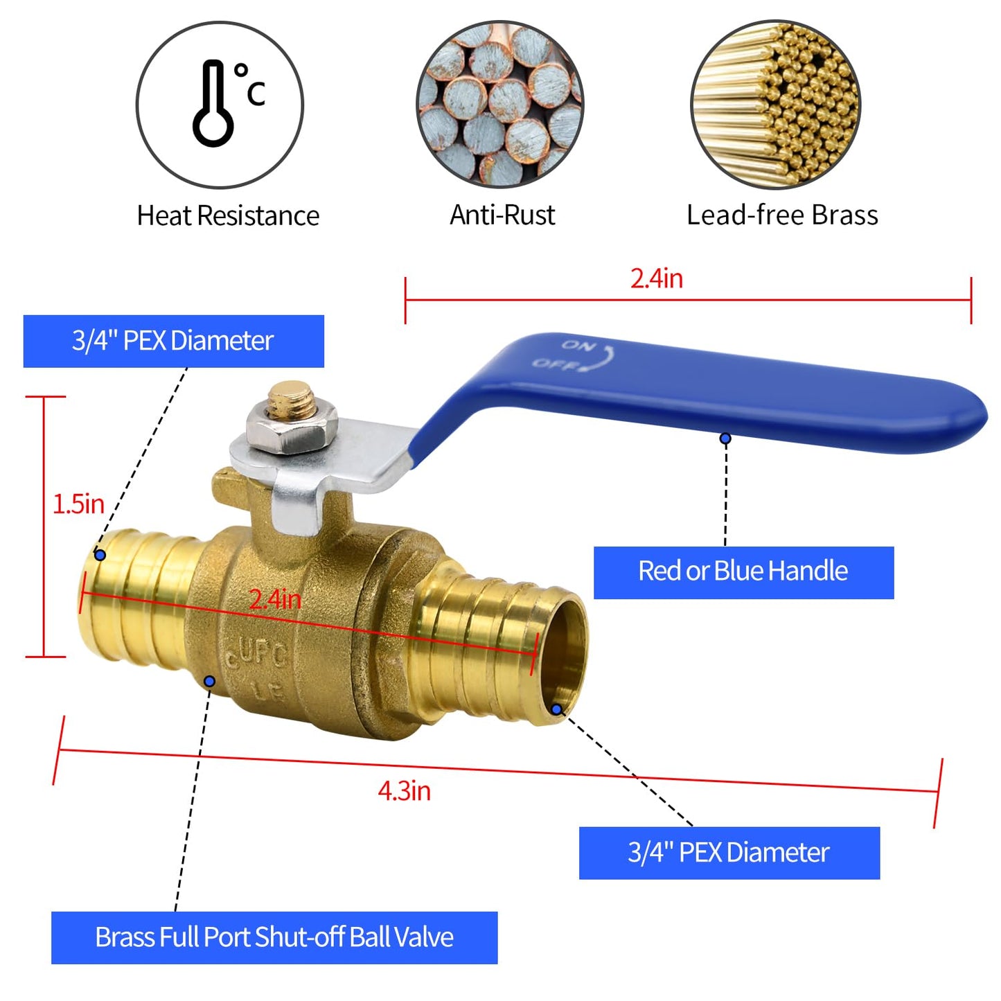 20pcs PEX Ball Valves, 3/4" PEX Brass Full Port Shut Off Ball Valve, Full Port Shut-off Ball Valve, Quarter Turn HOT (RED) COLD (BLUE) of Water Stop Shut off