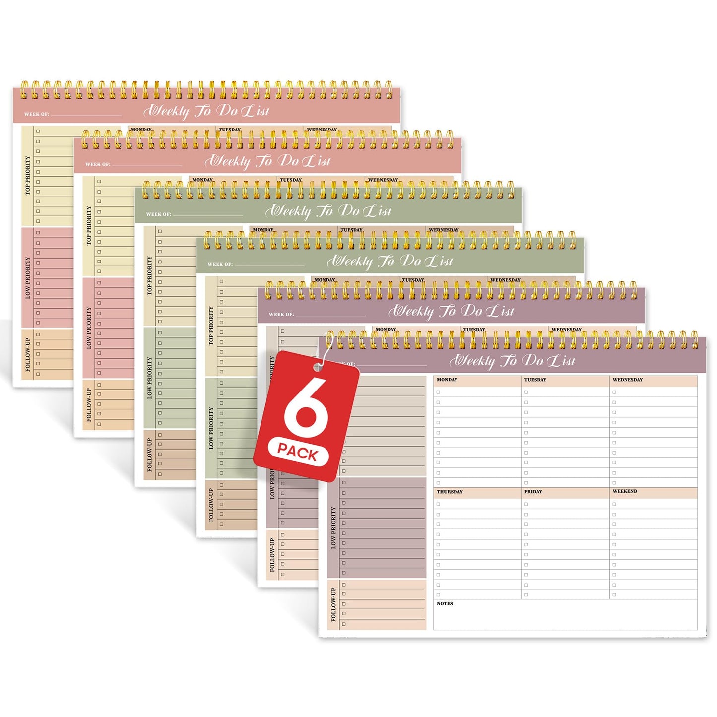 Weekly To Do List Notepad with 52 Undated Sheets（8.5"×11"）6 Pack - Undated Weekly Planner Notepad for Office Desk Accessories and Supplies - Multi